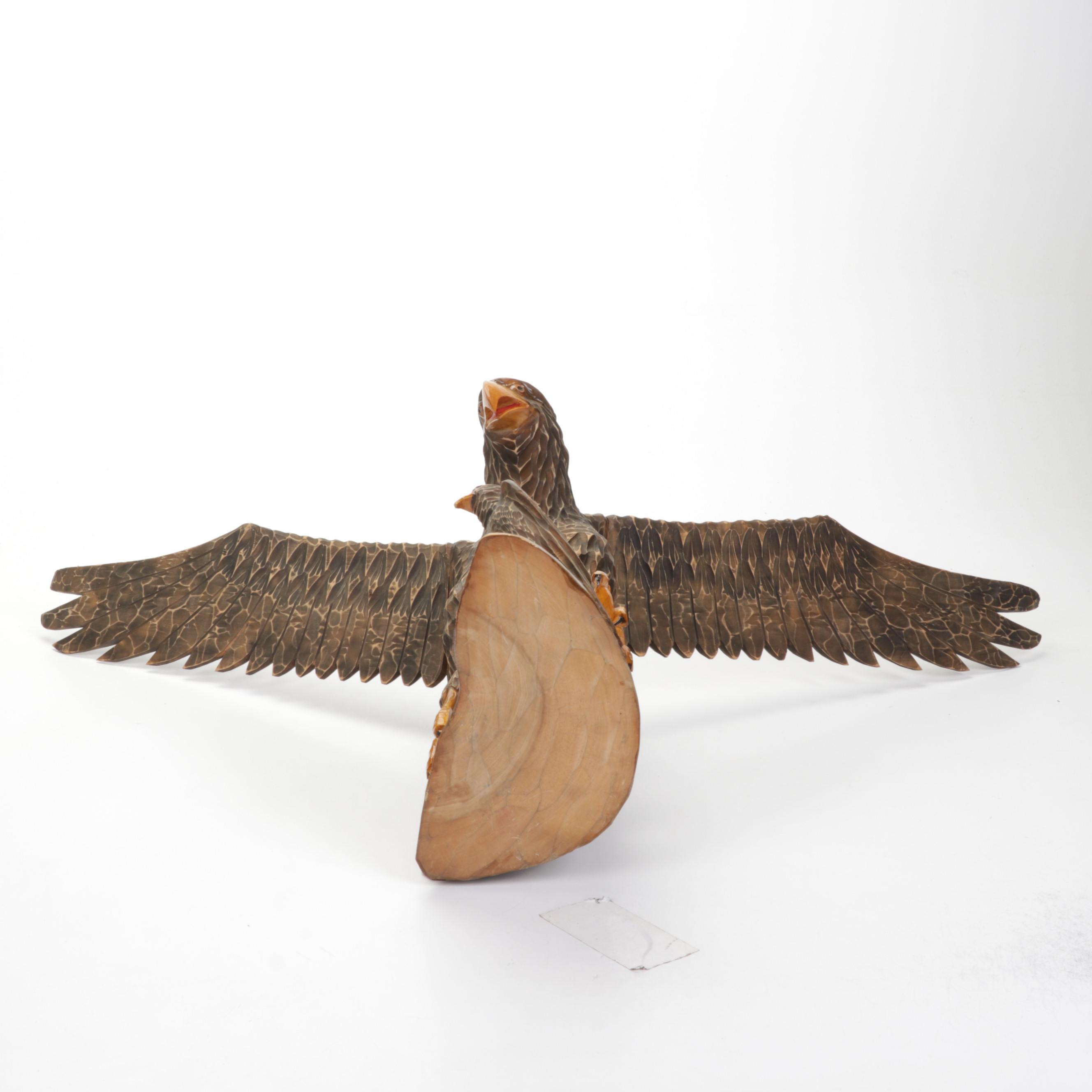 Hand-Carved Wood Eagle and Chick Sculpture, Mid-Late 20th Century