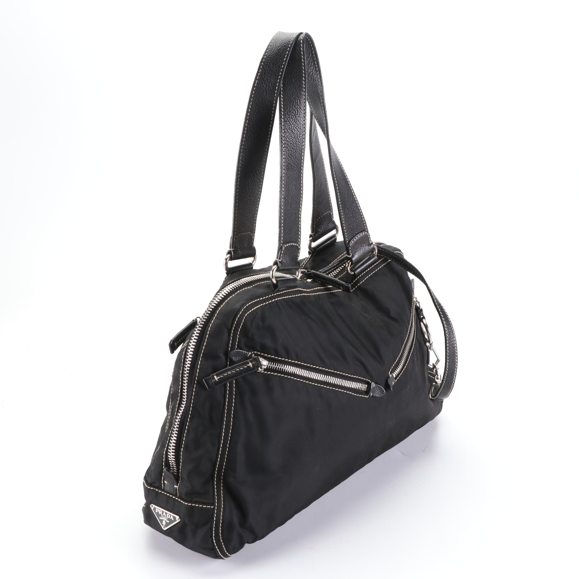 Prada Domed Shoulder Bag in Black Nylon Gabardine/Leather with Contrast Stitch