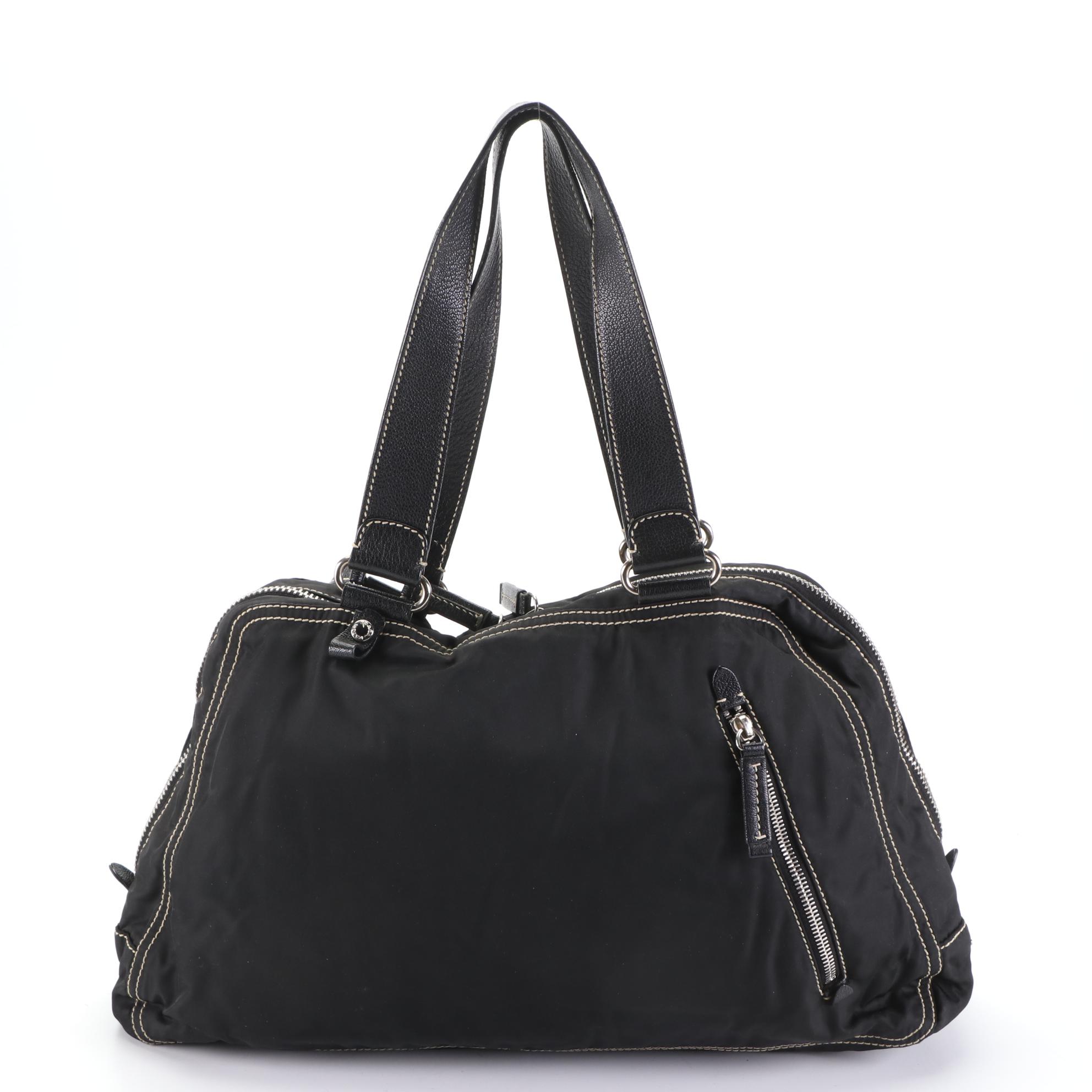 Prada Domed Shoulder Bag in Black Nylon Gabardine/Leather with Contrast Stitch