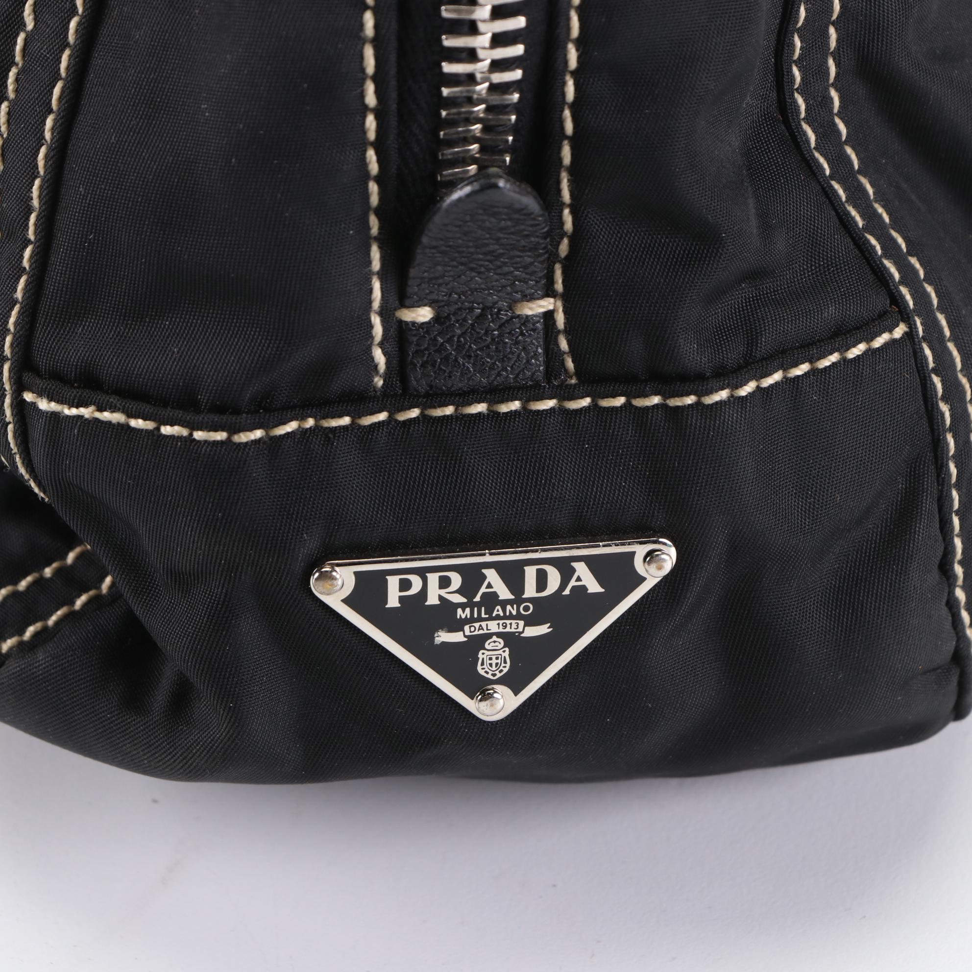 Prada Domed Shoulder Bag in Black Nylon Gabardine/Leather with Contrast Stitch