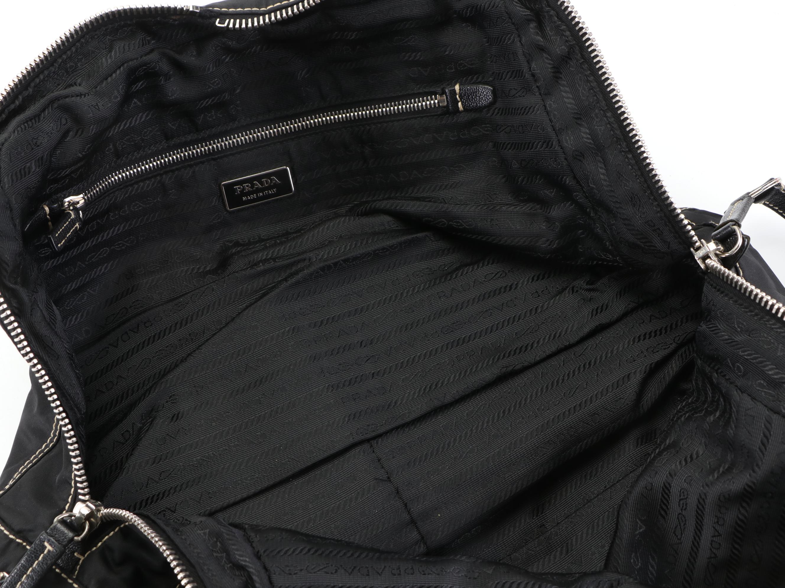 Prada Domed Shoulder Bag in Black Nylon Gabardine/Leather with Contrast Stitch