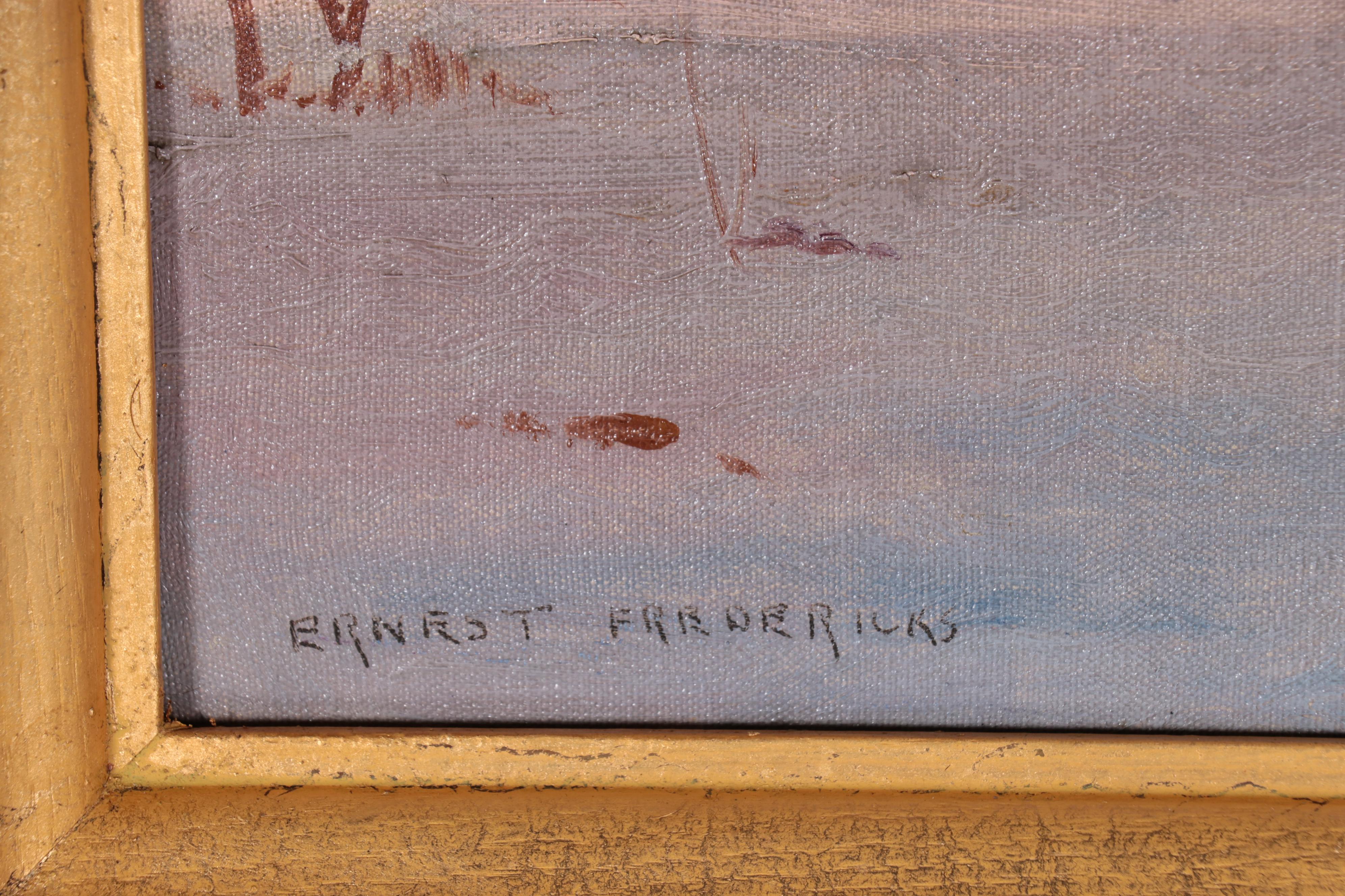 Ernest Fredericks Oil Painting "Winter Landscape," Mid-20th Century