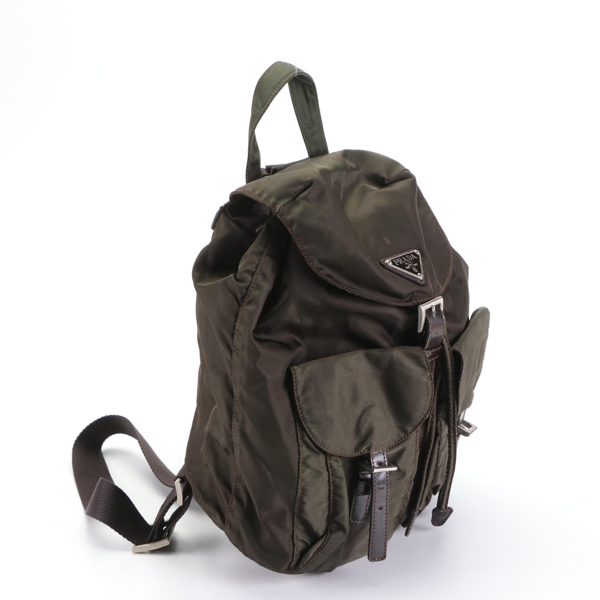 Prada Small Backpack in Olive Green Tessuto Nylon with Black Leather Trim