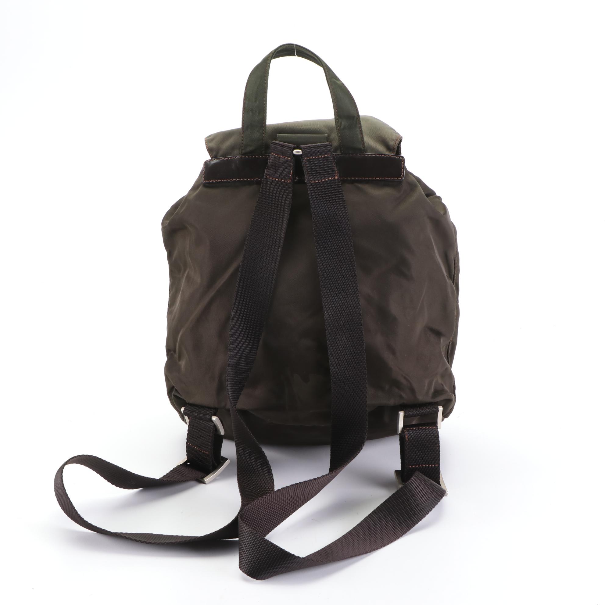 Prada Small Backpack in Olive Green Tessuto Nylon with Black Leather Trim
