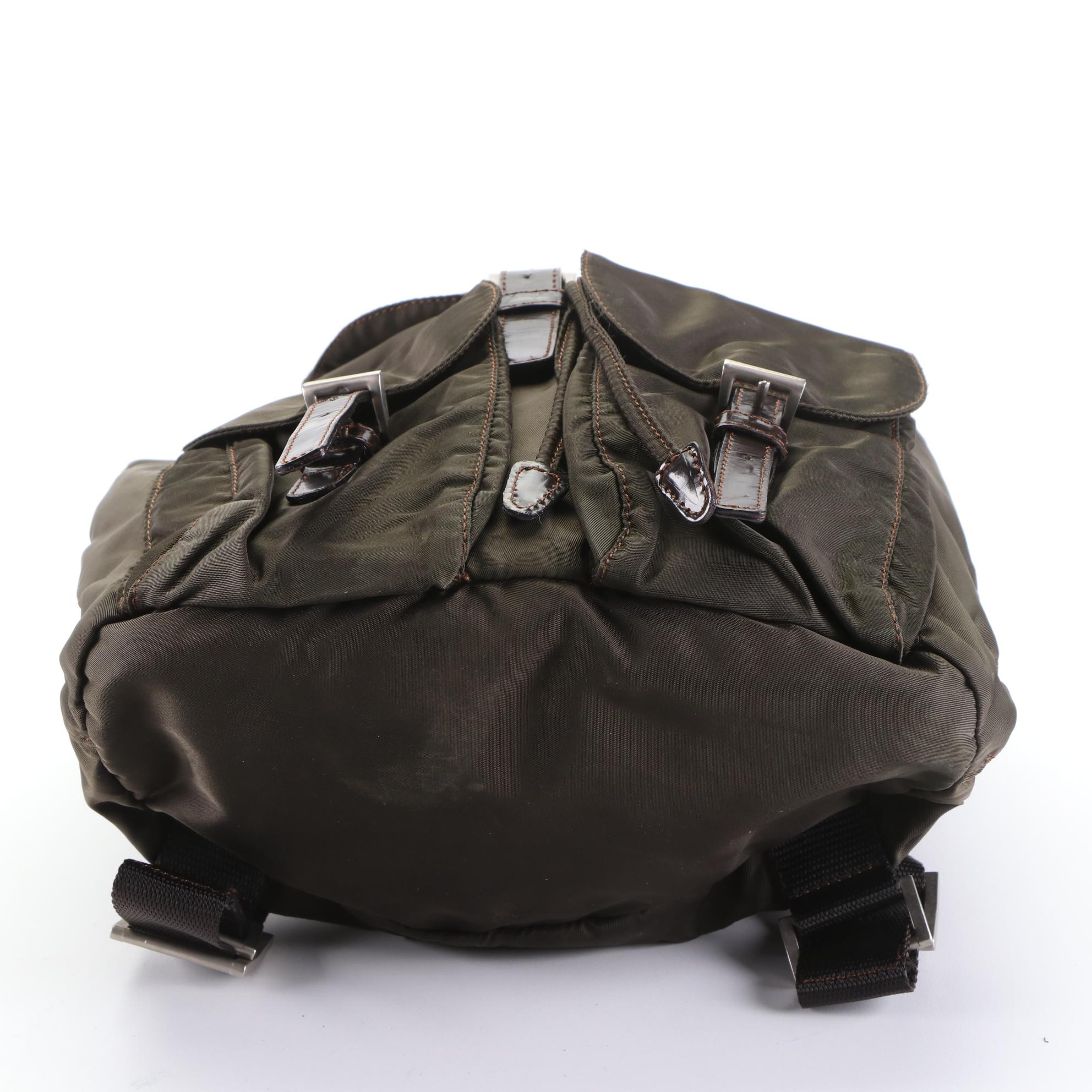 Prada Small Backpack in Olive Green Tessuto Nylon with Black Leather Trim