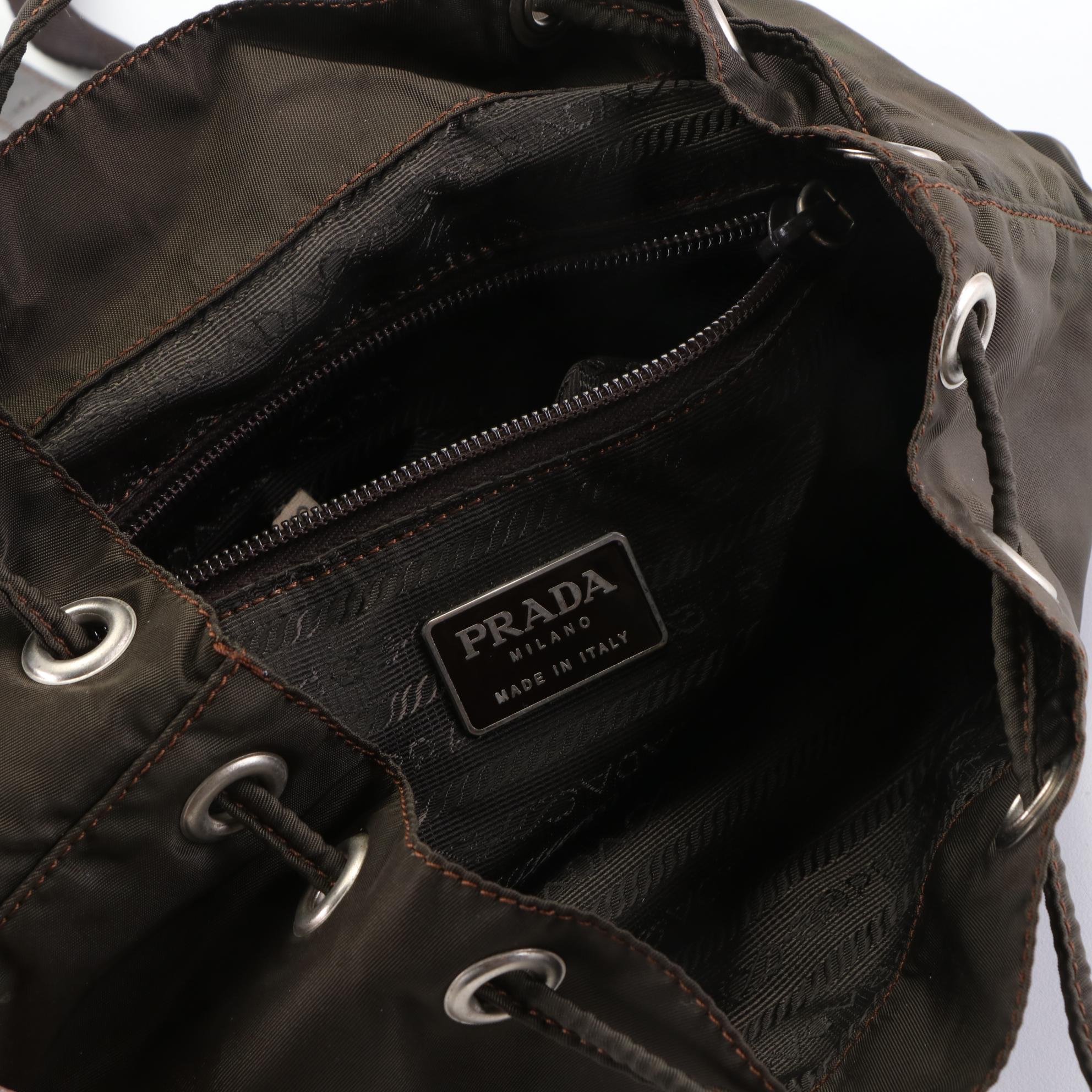 Prada Small Backpack in Olive Green Tessuto Nylon with Black Leather Trim