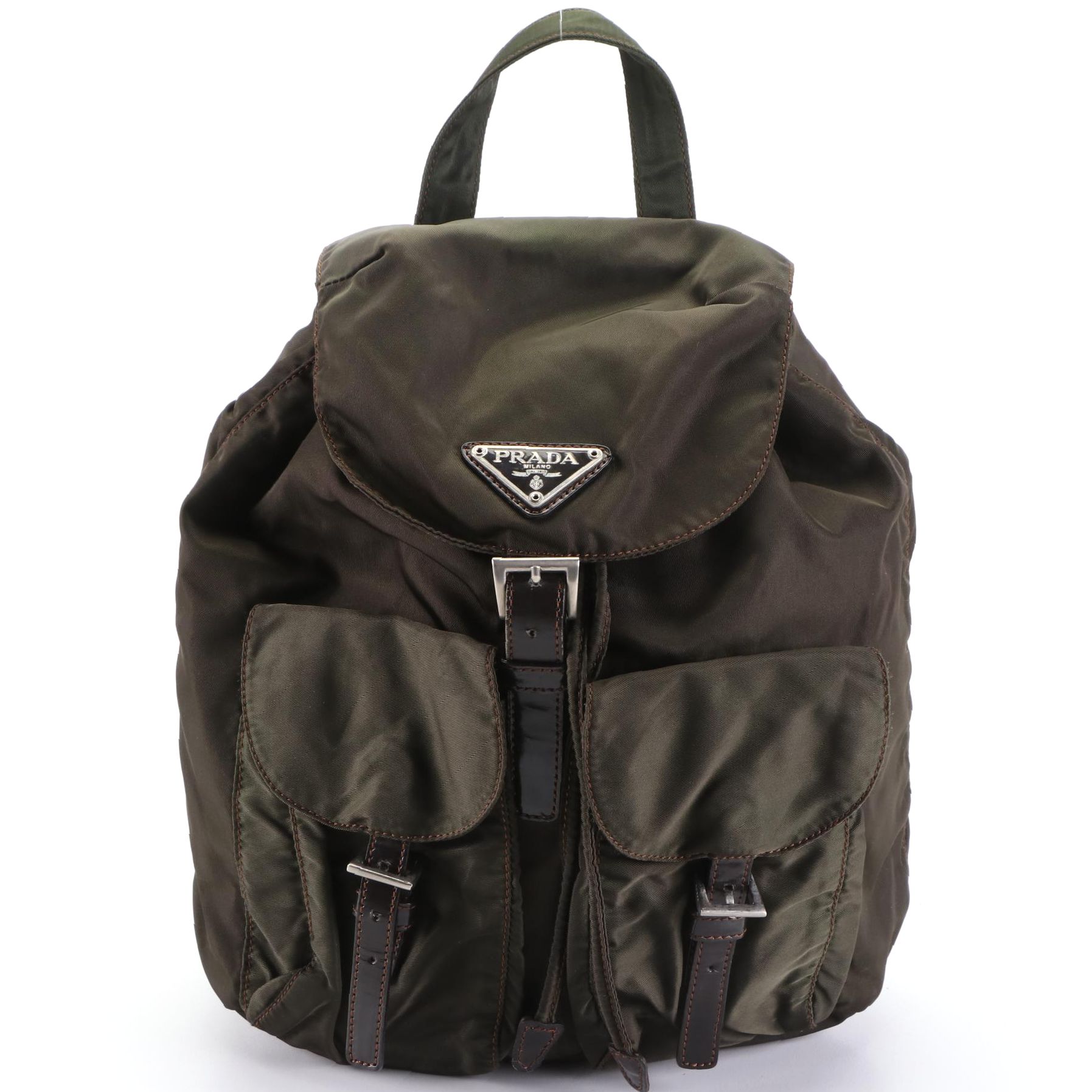 Prada Small Backpack in Olive Green Tessuto Nylon with Black Leather Trim