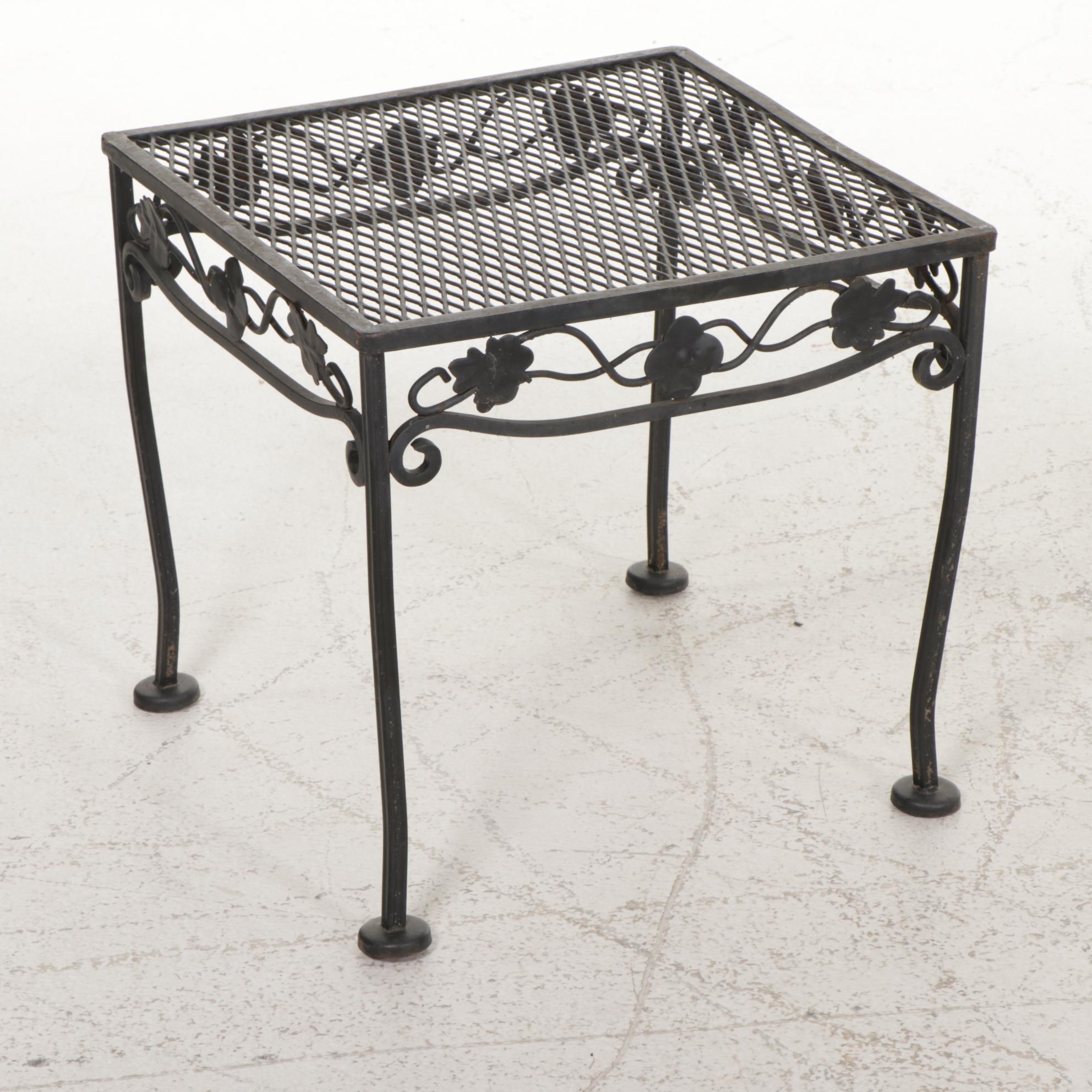 Three Black Wire Mesh Patio Armchairs and Side Table