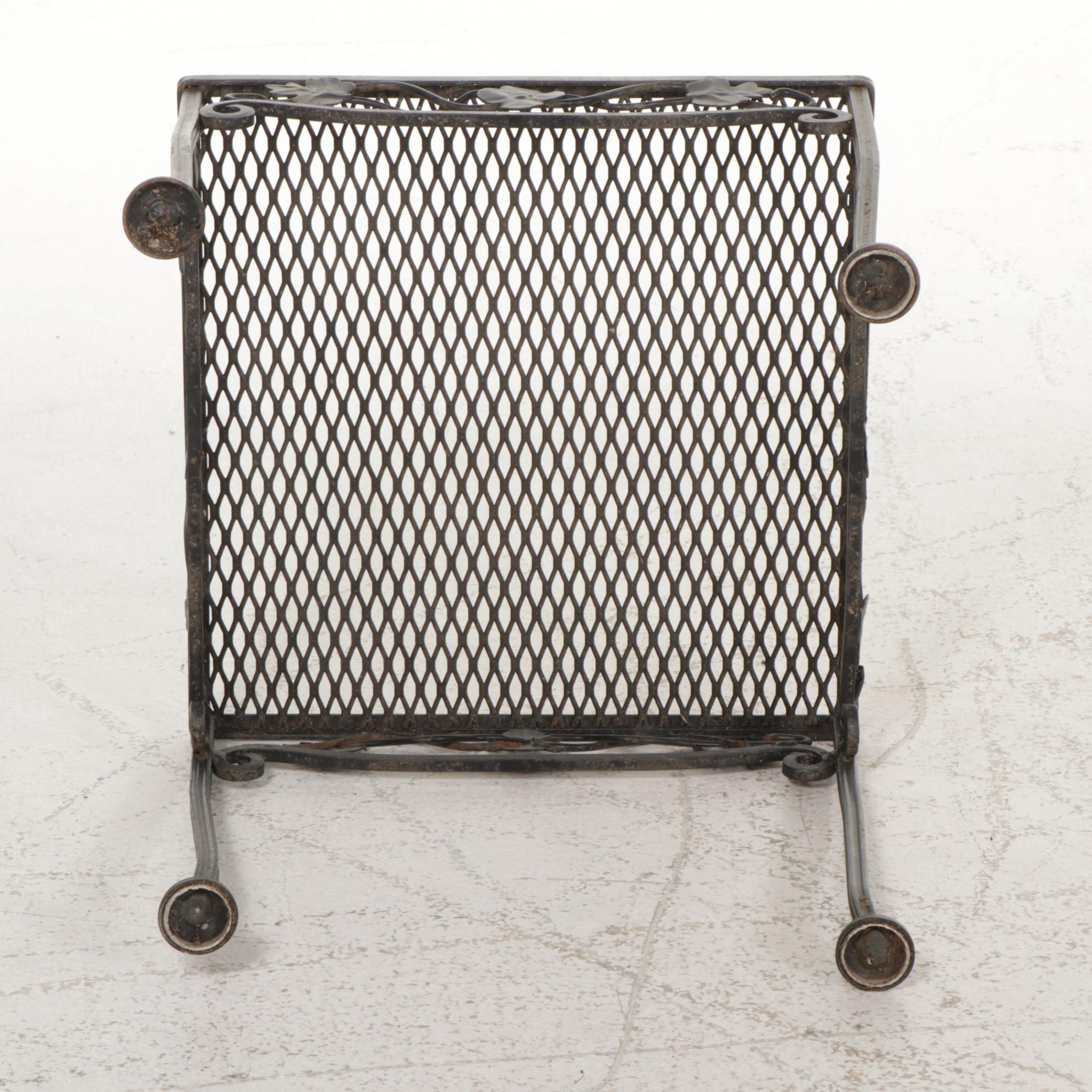 Three Black Wire Mesh Patio Armchairs and Side Table