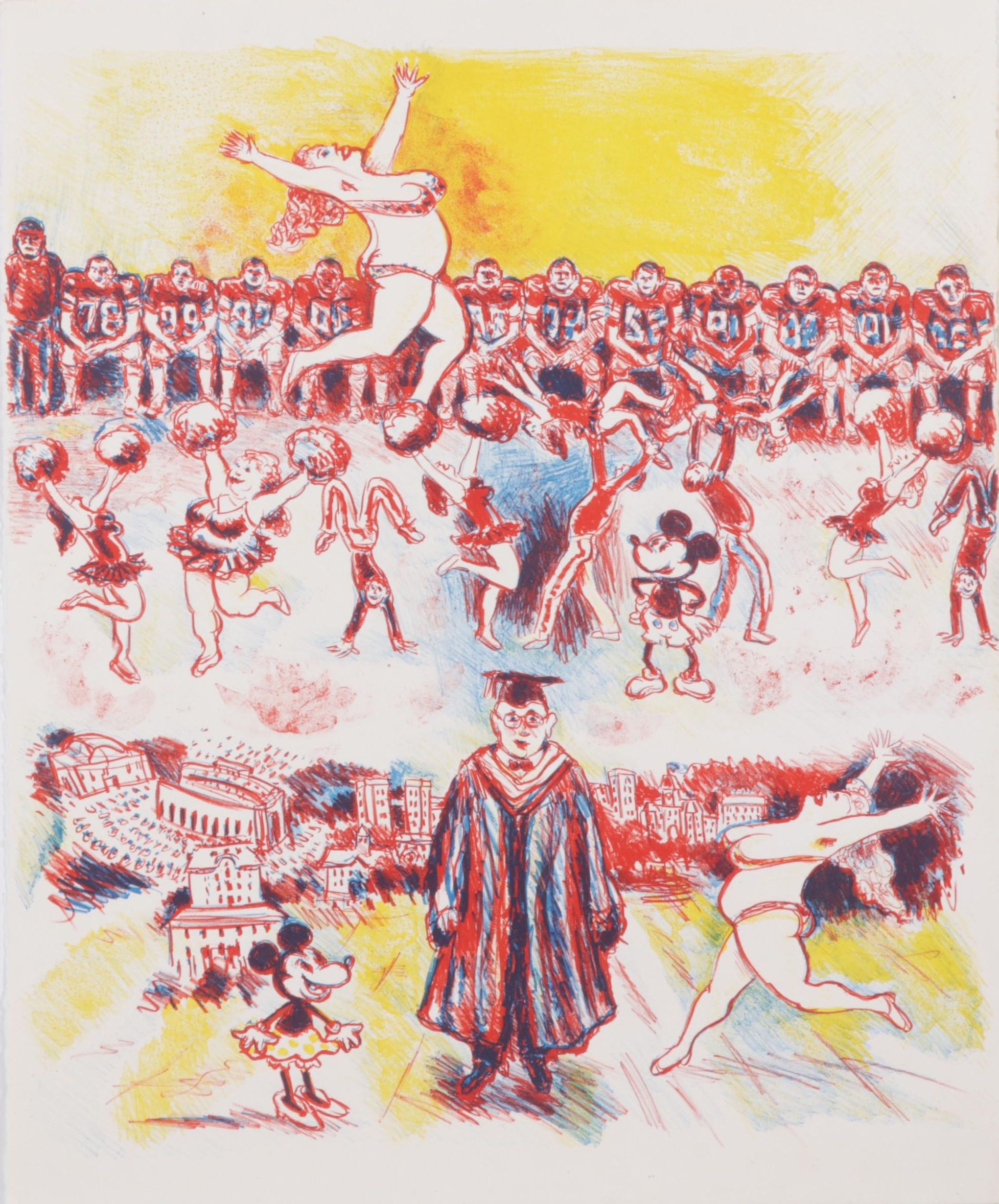 Sidney Chafetz Color Lithograph of Professor, Cheerleaders and Mickey Mouse