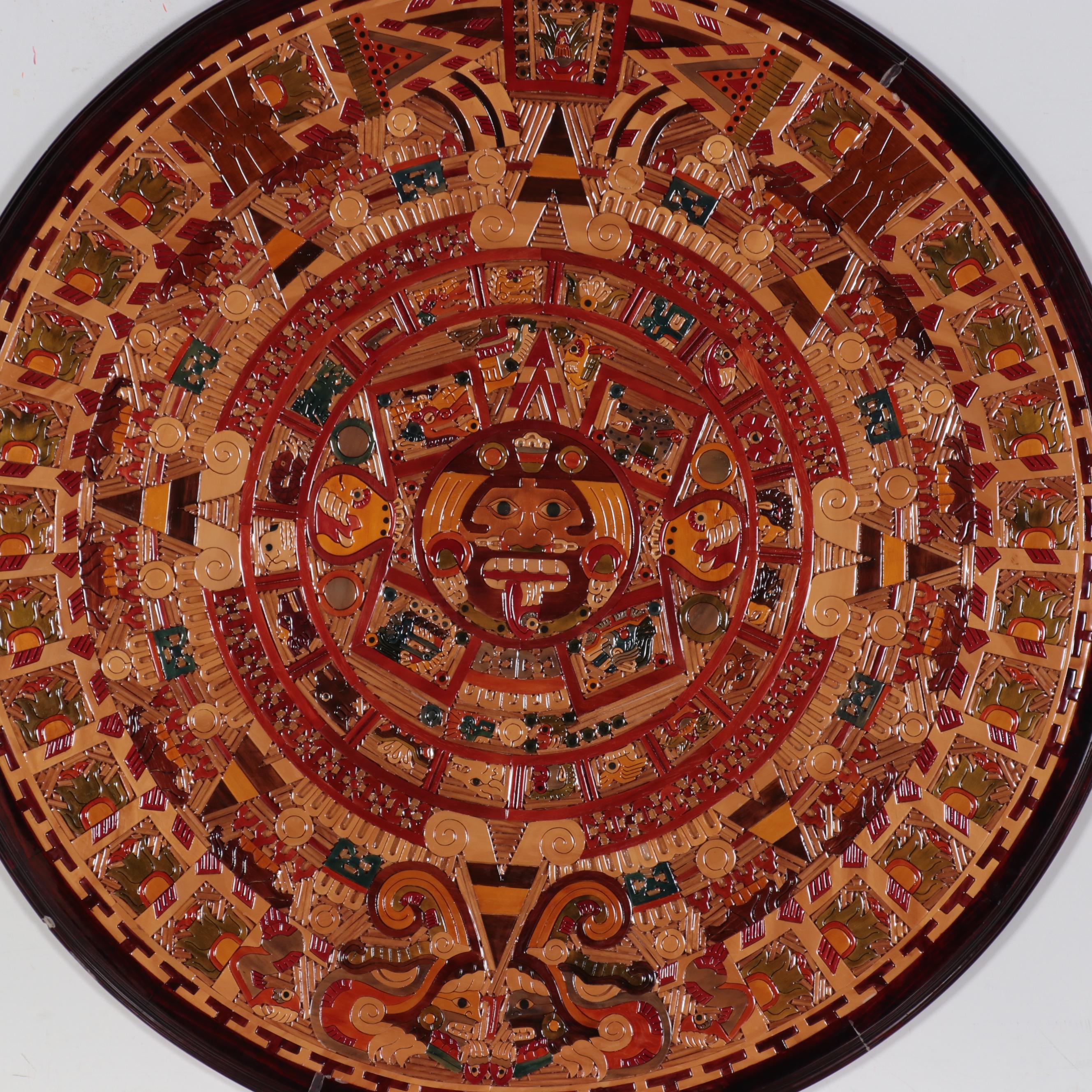 Carved and Stained Wood Inlay Panel of Aztec Calendar With Book