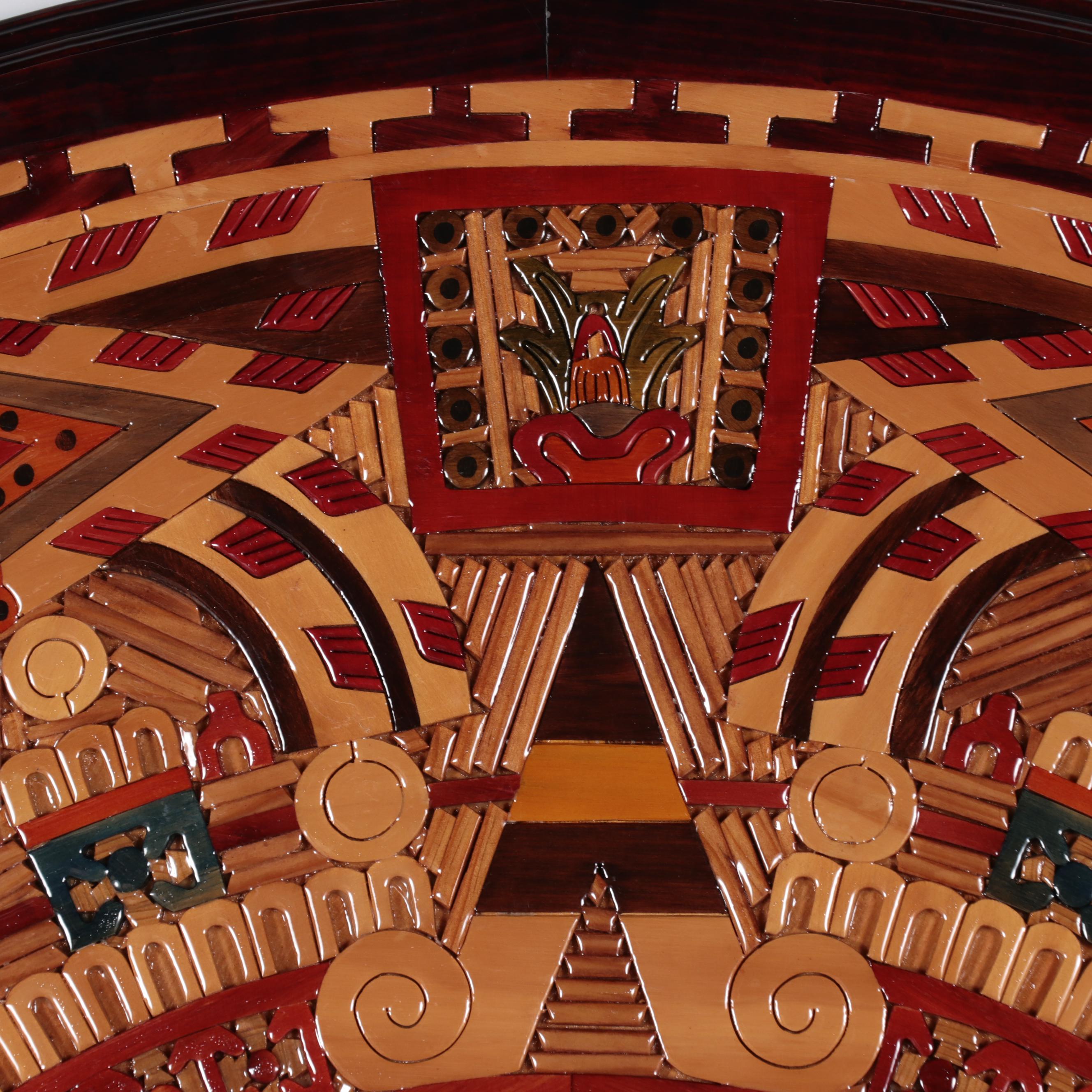 Carved and Stained Wood Inlay Panel of Aztec Calendar With Book
