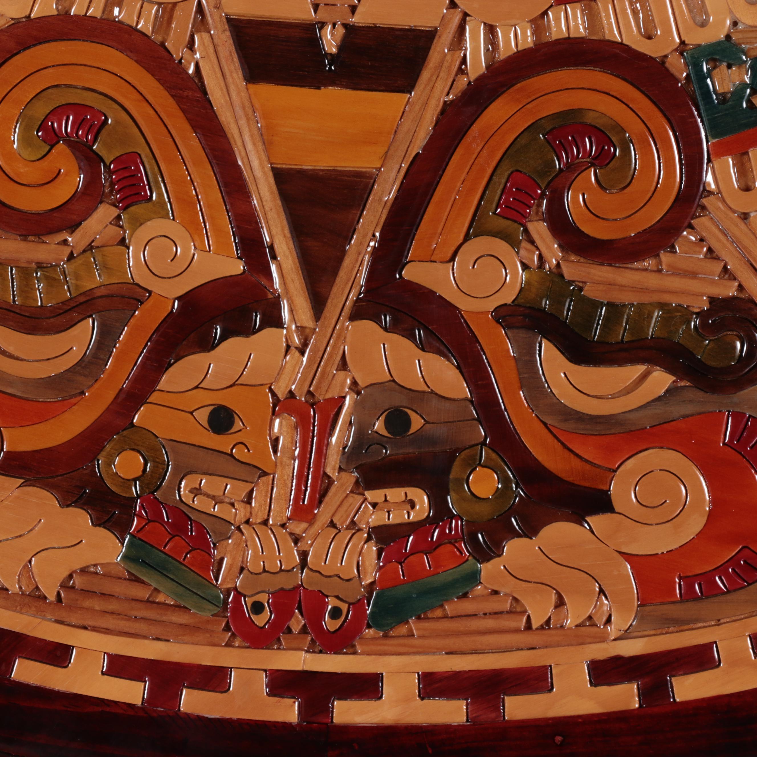Carved and Stained Wood Inlay Panel of Aztec Calendar With Book