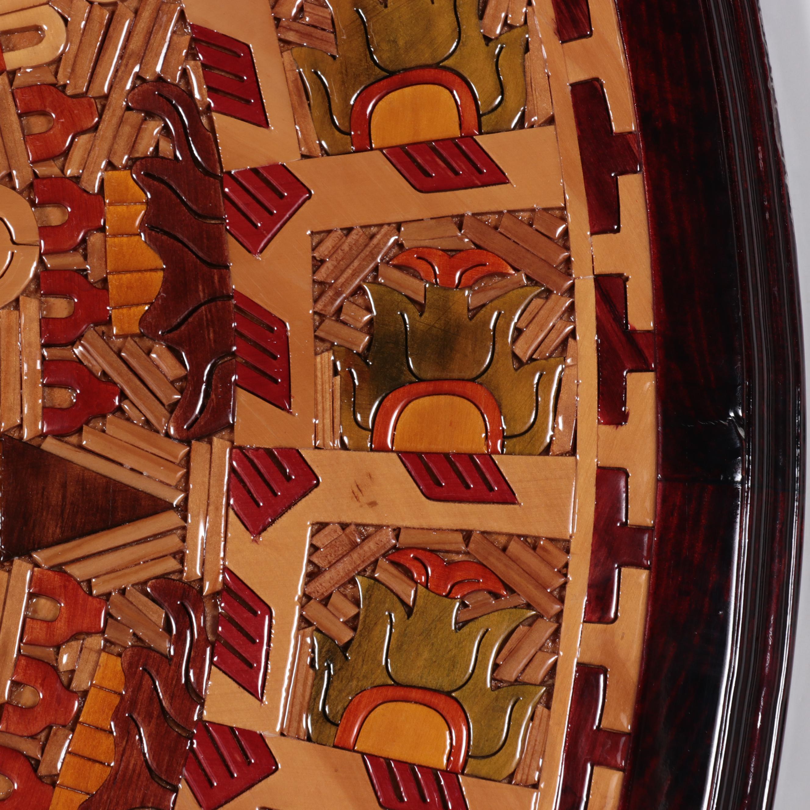 Carved and Stained Wood Inlay Panel of Aztec Calendar With Book