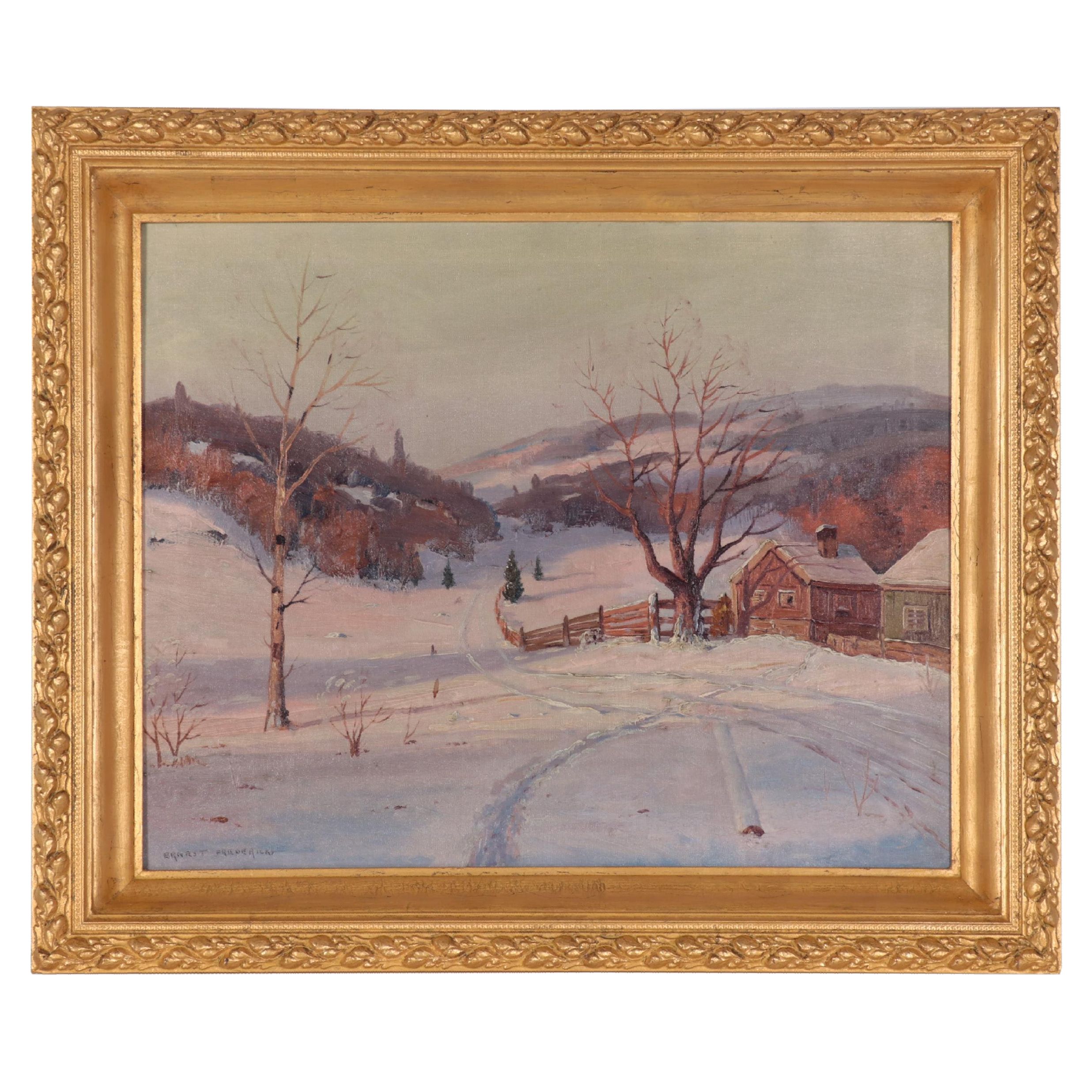 Ernest Fredericks Oil Painting "Winter Landscape," Mid-20th Century