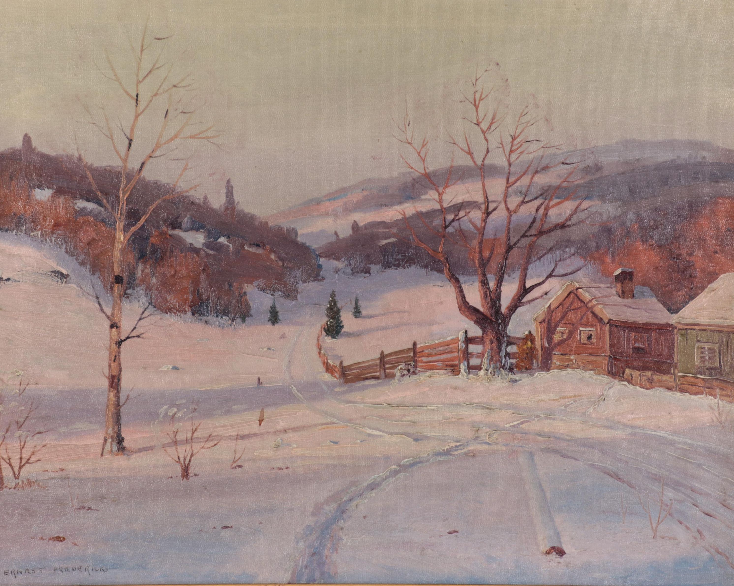 Ernest Fredericks Oil Painting "Winter Landscape," Mid-20th Century