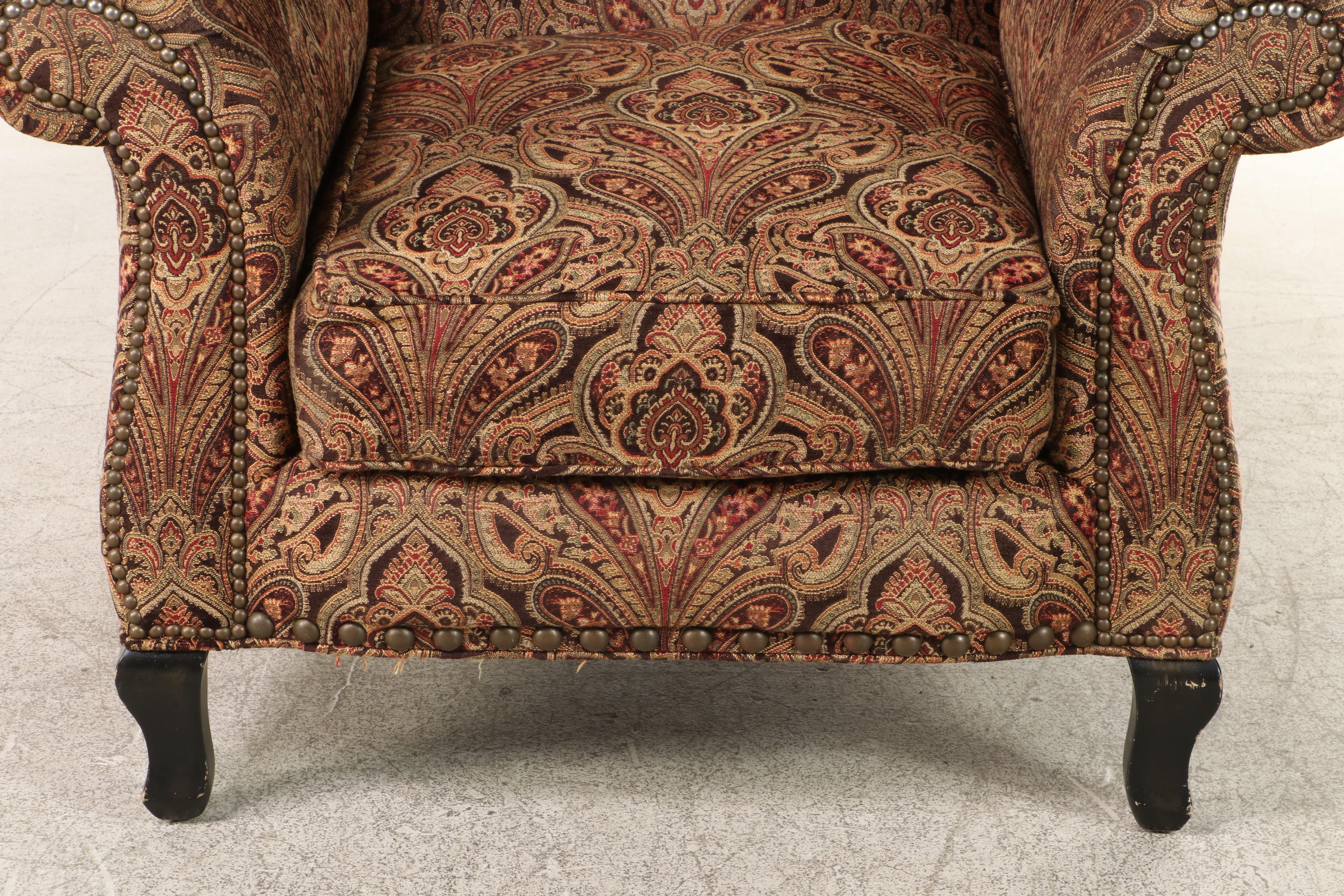 Arhaus Cambridge Collection Paisley Upholstered Wingback Chair and Ottoman