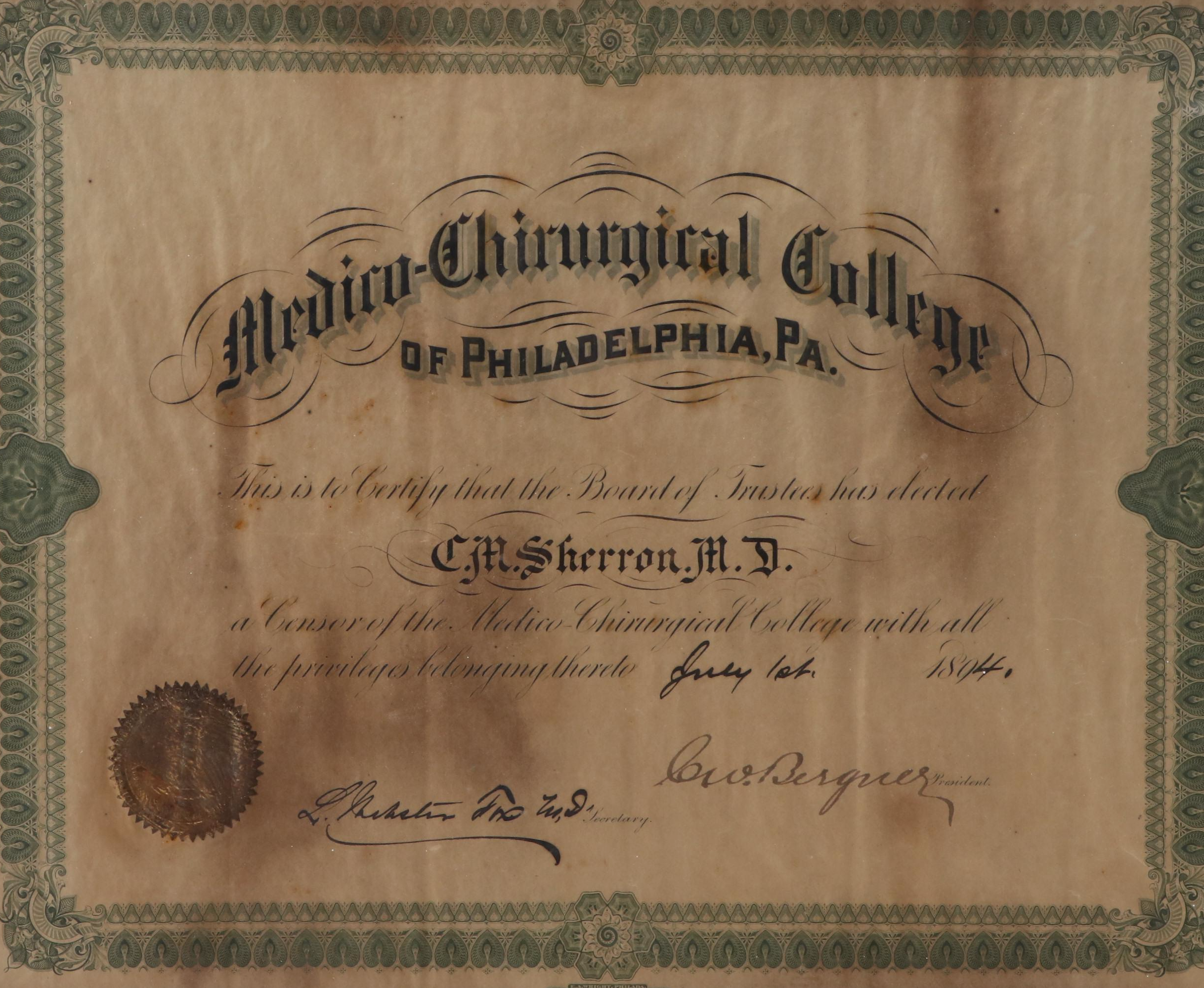 Medico-Chirurgical College of Philadelphia Framed Graduation Certificate, 1894