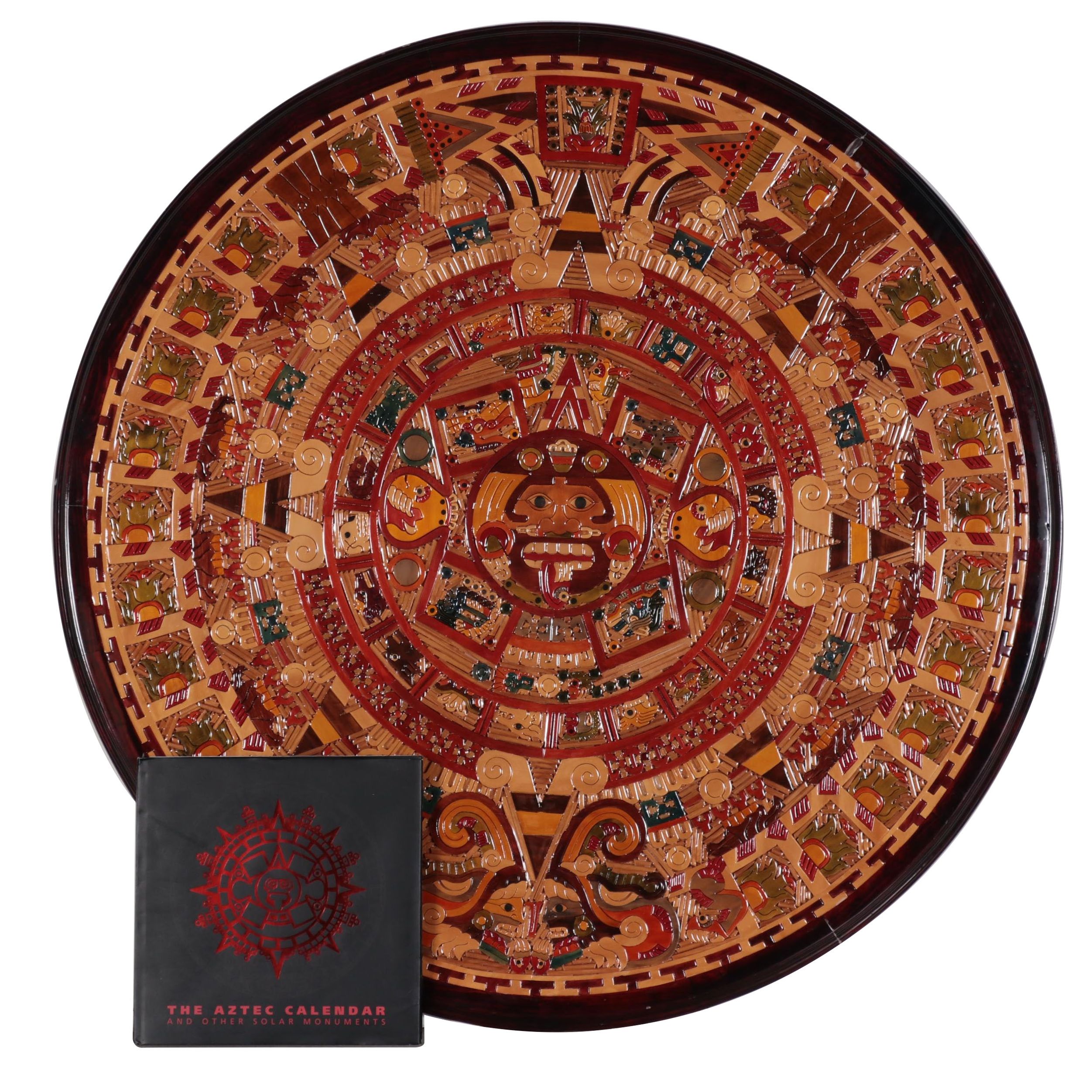Carved and Stained Wood Inlay Panel of Aztec Calendar With Book