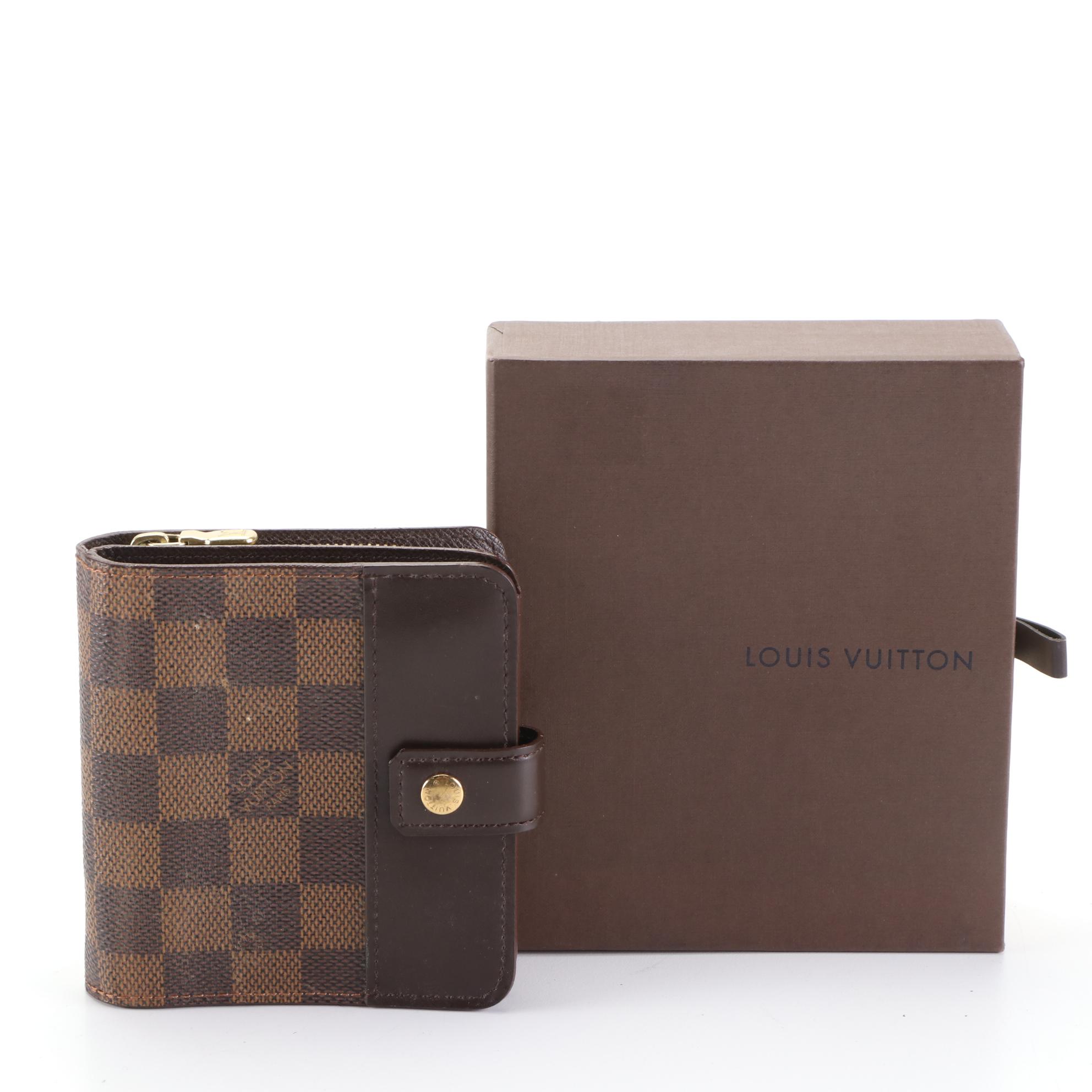 Louis Vuitton Compact Wallet in Damier Ebene Canvas/Brown Leather with Box