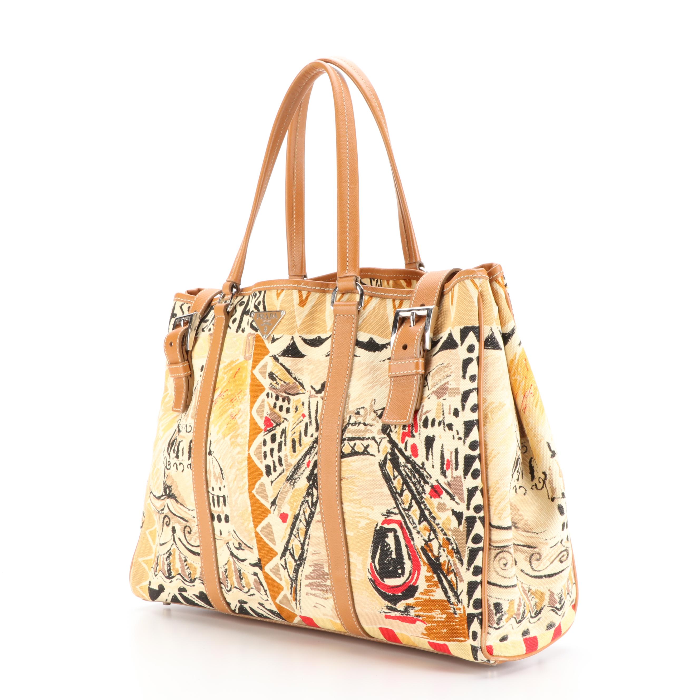 Prada Shopper Tote in Venetian-Printed Canvas and Saffiano Leather with Pouch