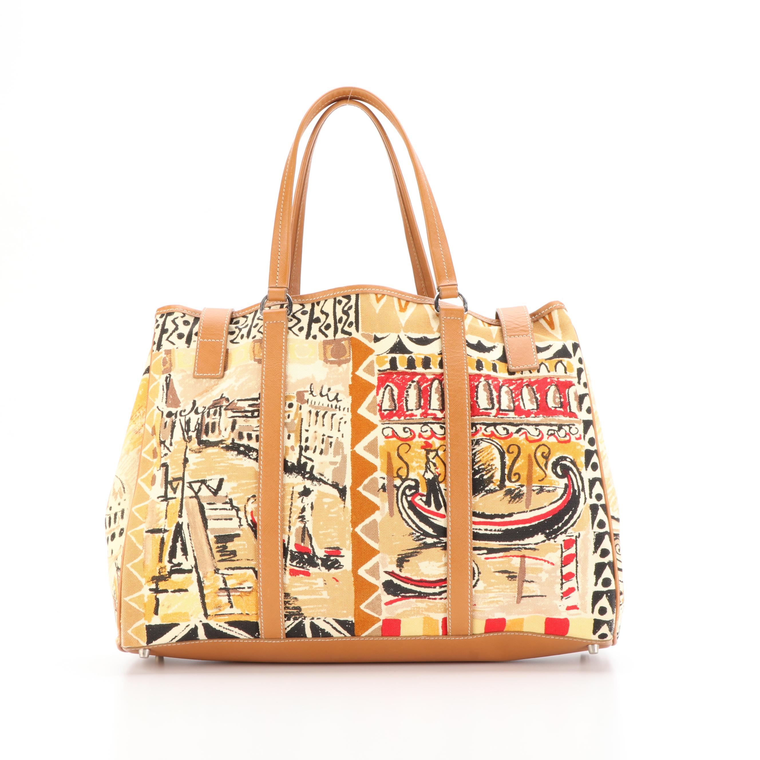 Prada Shopper Tote in Venetian-Printed Canvas and Saffiano Leather with Pouch