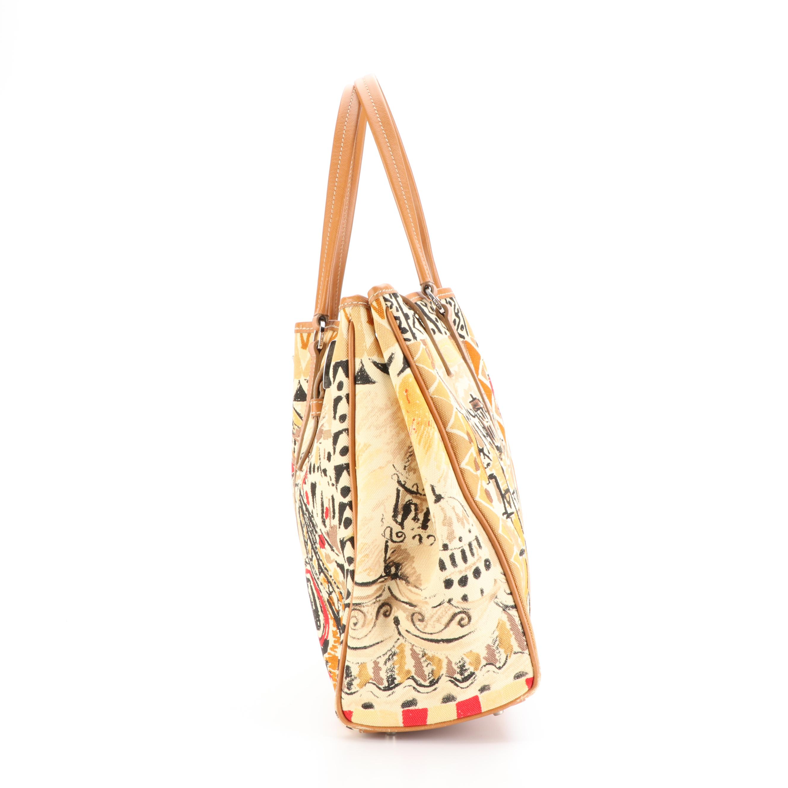 Prada Shopper Tote in Venetian-Printed Canvas and Saffiano Leather with Pouch