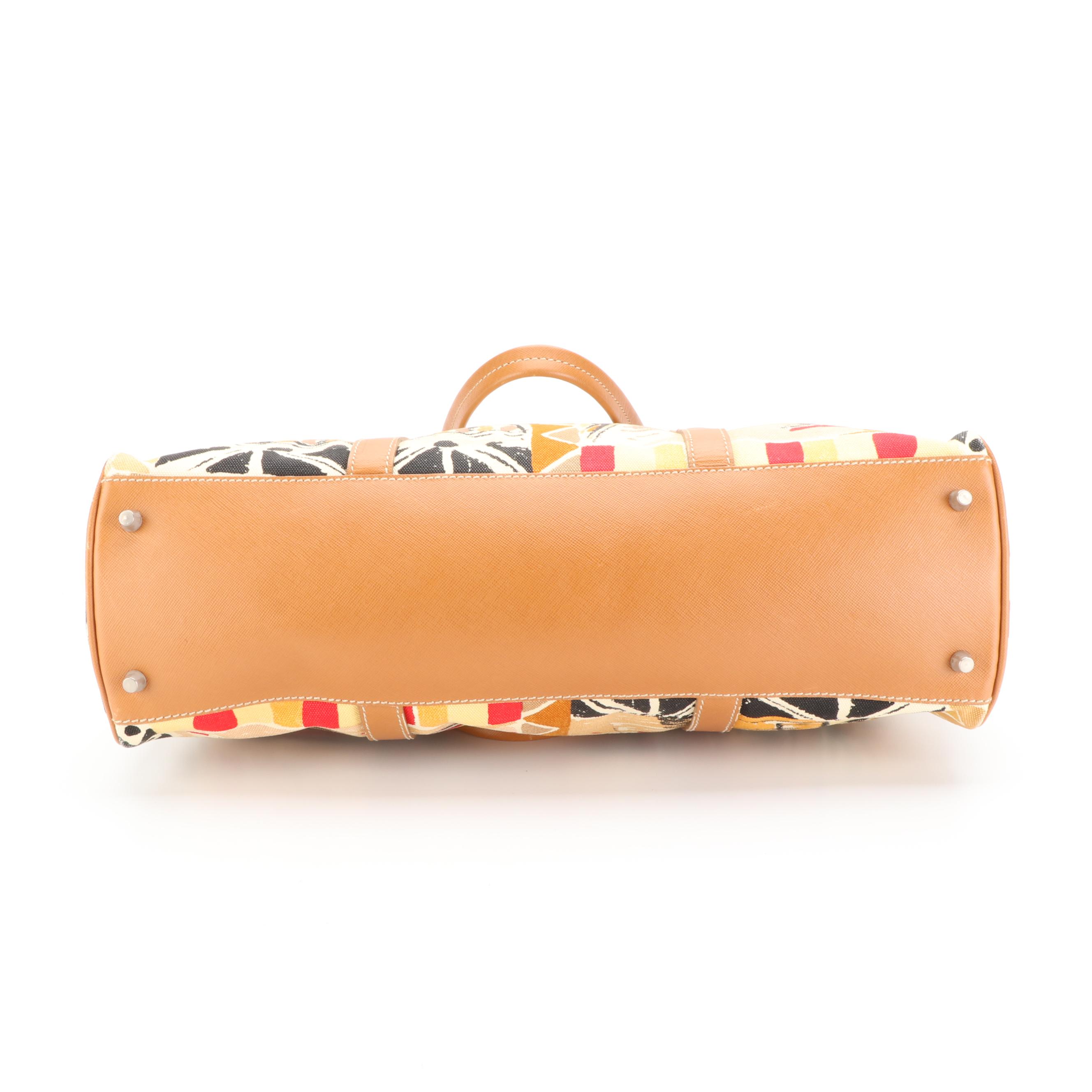 Prada Shopper Tote in Venetian-Printed Canvas and Saffiano Leather with Pouch