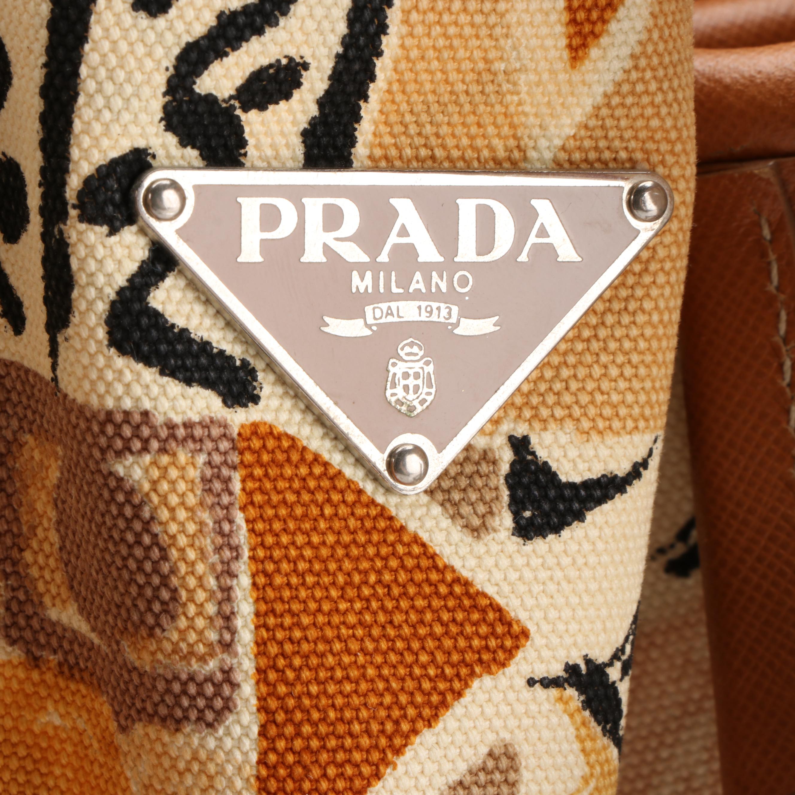 Prada Shopper Tote in Venetian-Printed Canvas and Saffiano Leather with Pouch