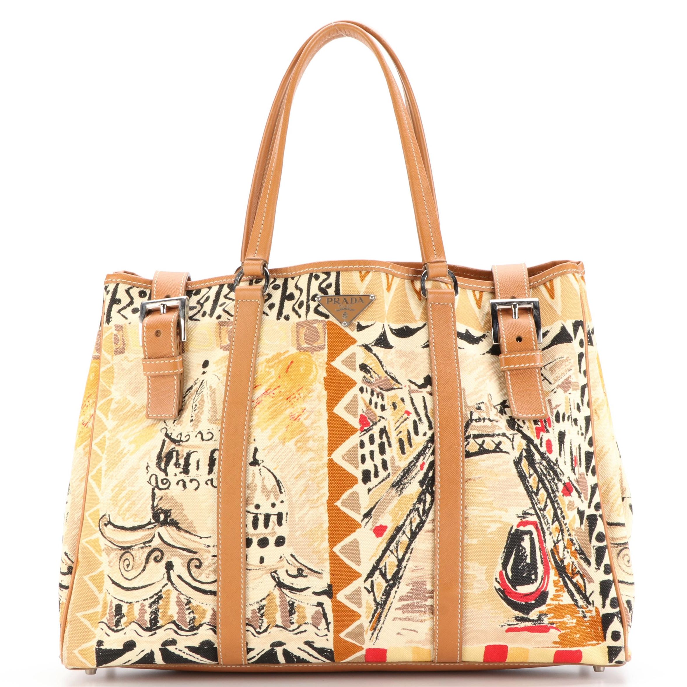 Prada Shopper Tote in Venetian-Printed Canvas and Saffiano Leather with Pouch
