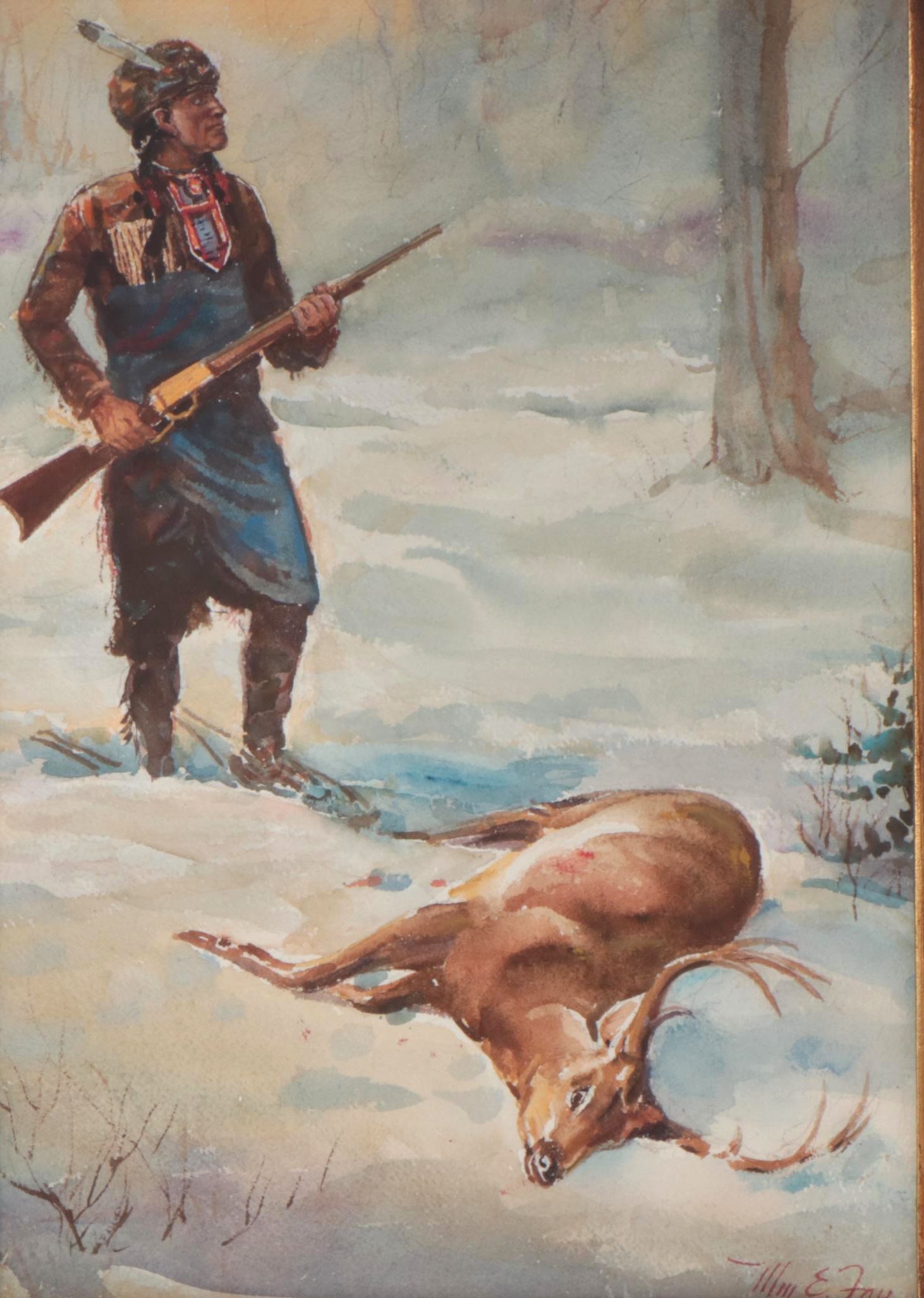 William E. Fay Watercolor Painting of Hunter