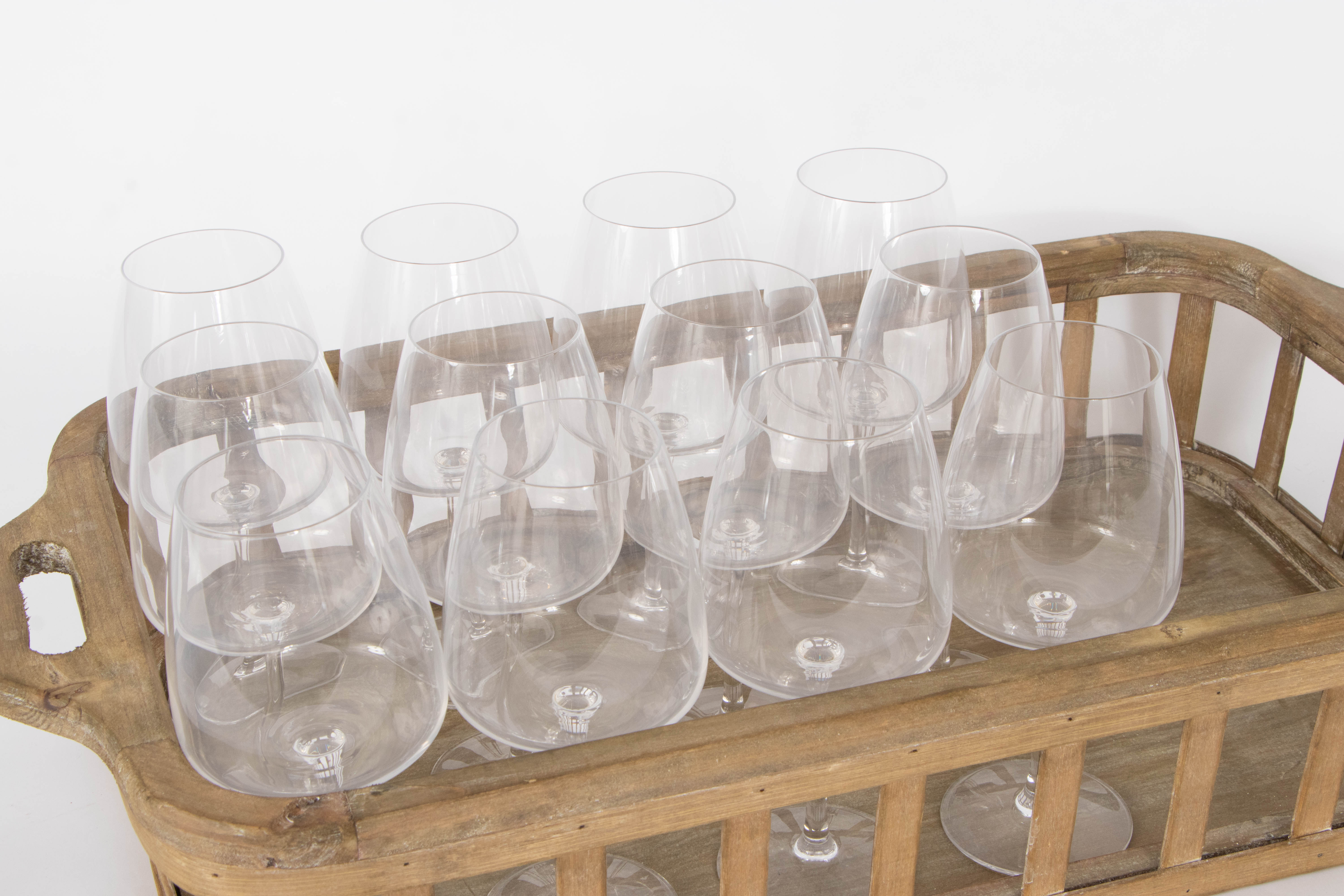 Handled Wood Serving Tray with Twelve Red Wine Glasses