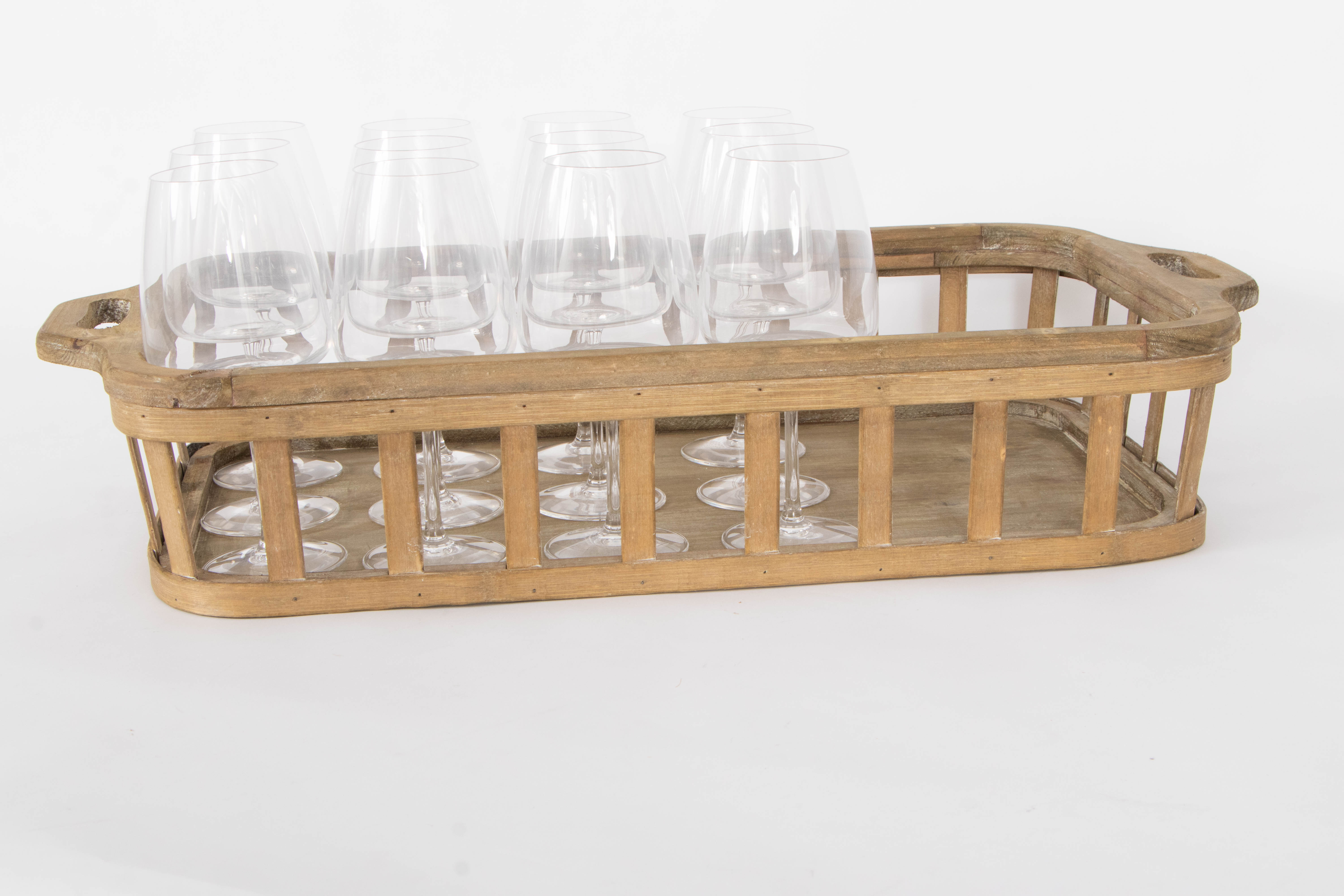 Handled Wood Serving Tray with Twelve Red Wine Glasses