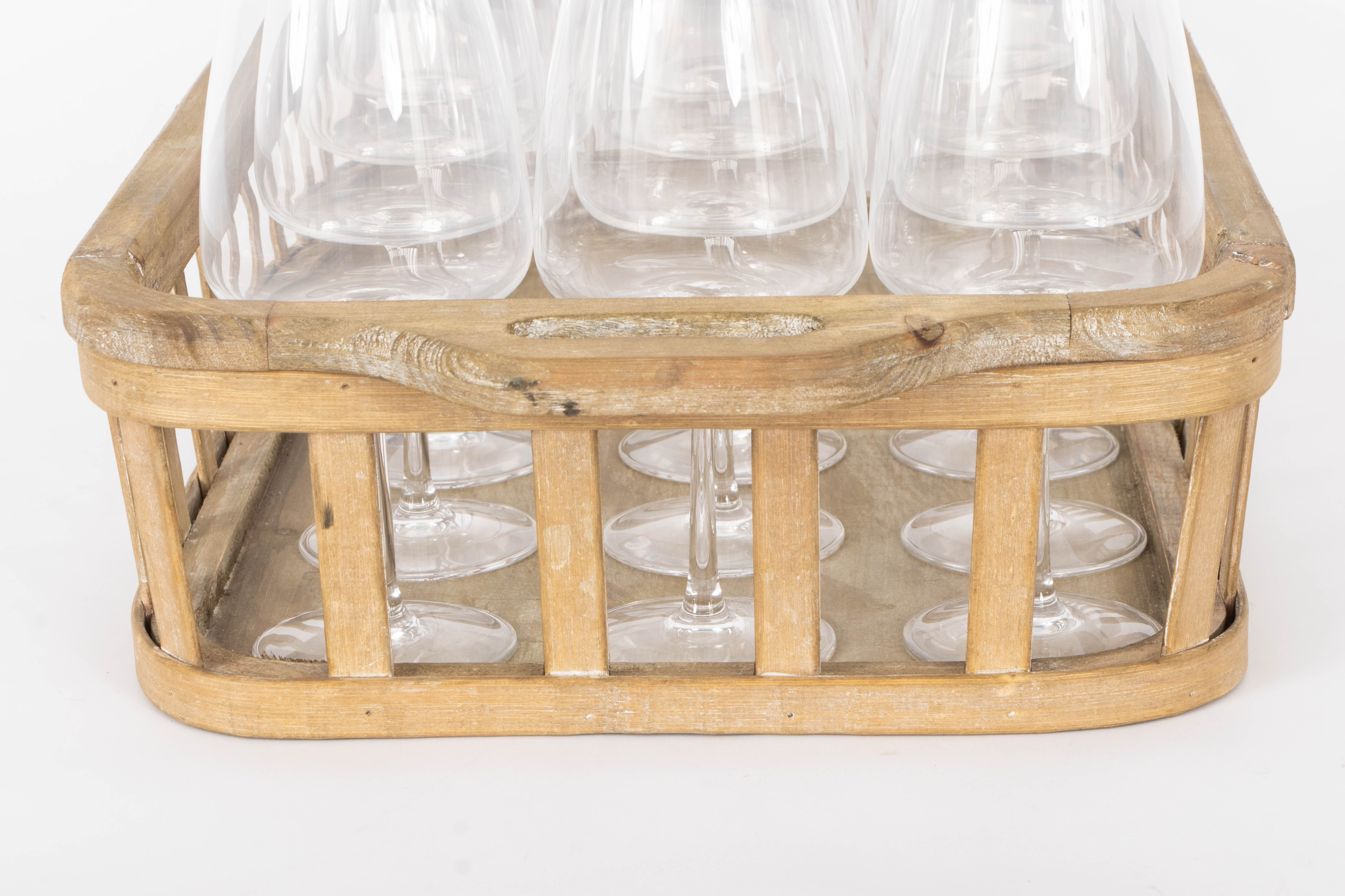 Handled Wood Serving Tray with Twelve Red Wine Glasses
