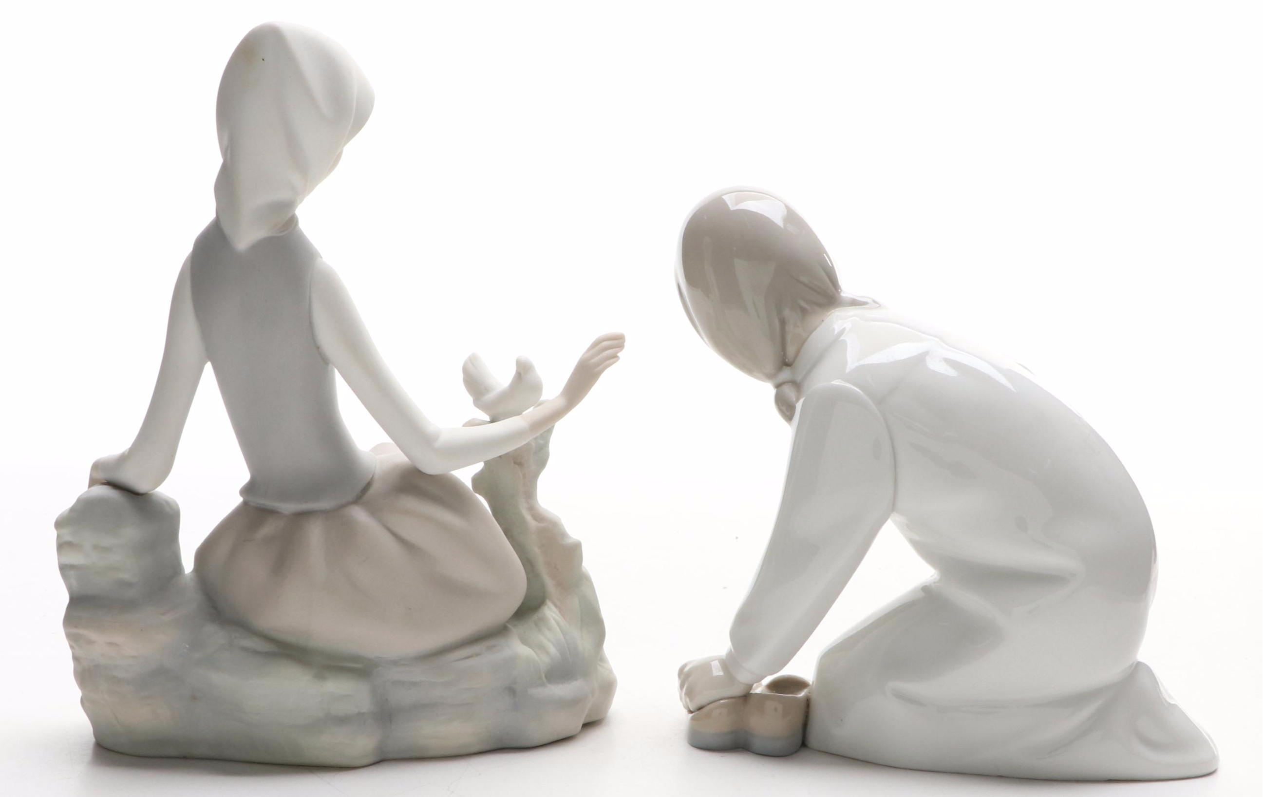 Lladró "Girl with Slippers" and "Shepherdess with Dove" Figurines, 1971–1974