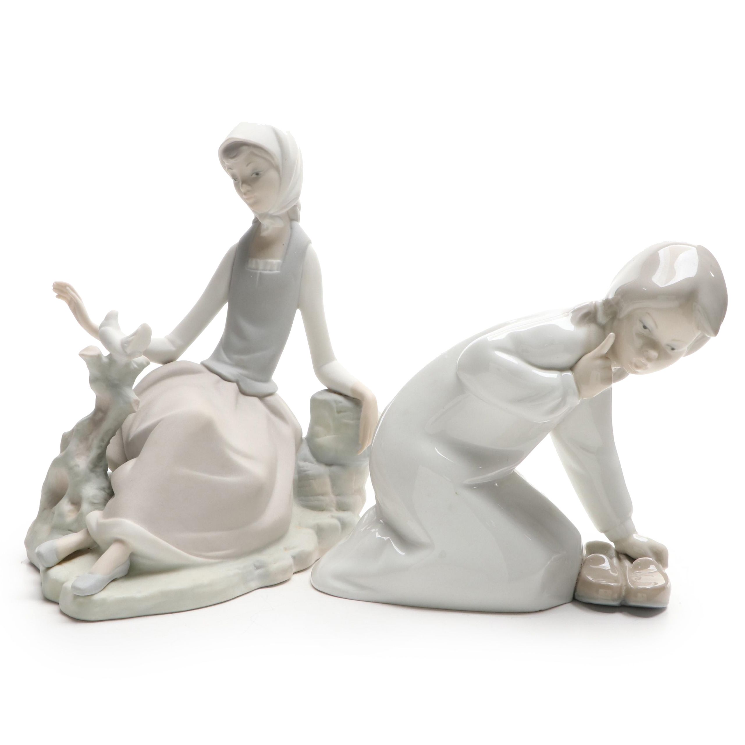 Lladró "Girl with Slippers" and "Shepherdess with Dove" Figurines, 1971–1974