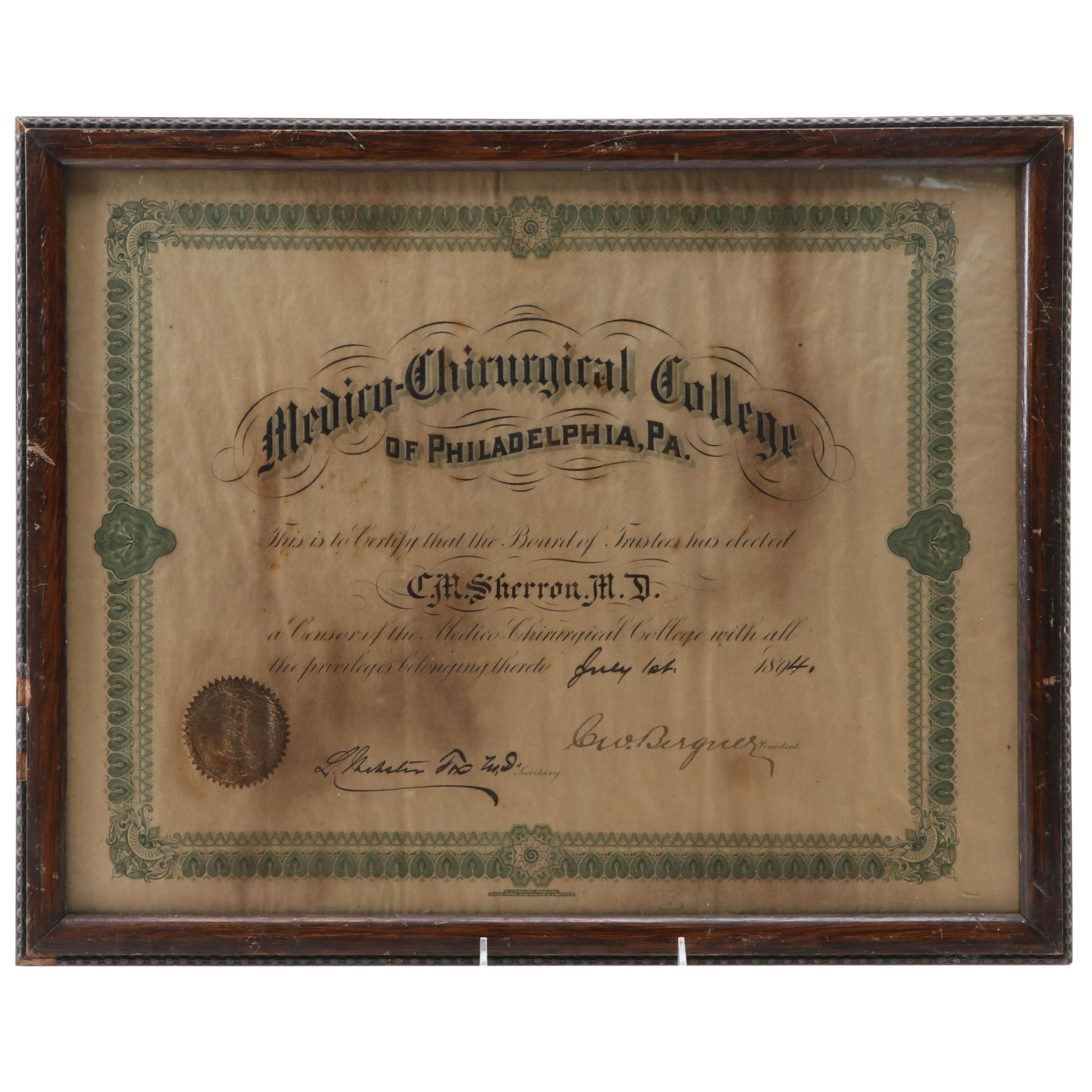 Medico-Chirurgical College of Philadelphia Framed Graduation Certificate, 1894