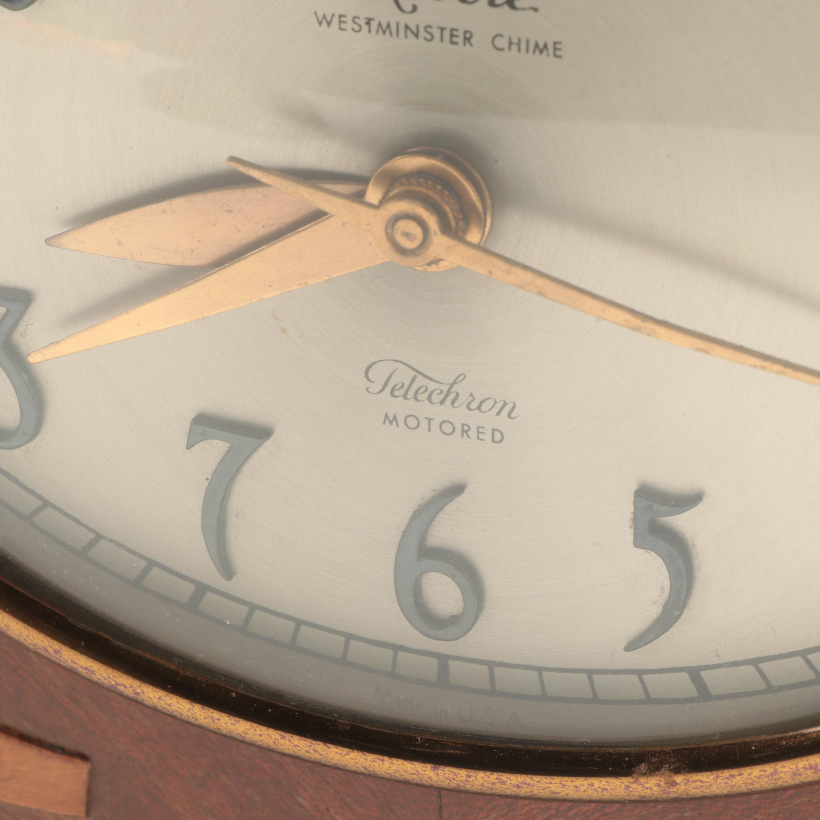 Revere Telechron  Mahogany and Burl Wood Tambour Mantel Clock