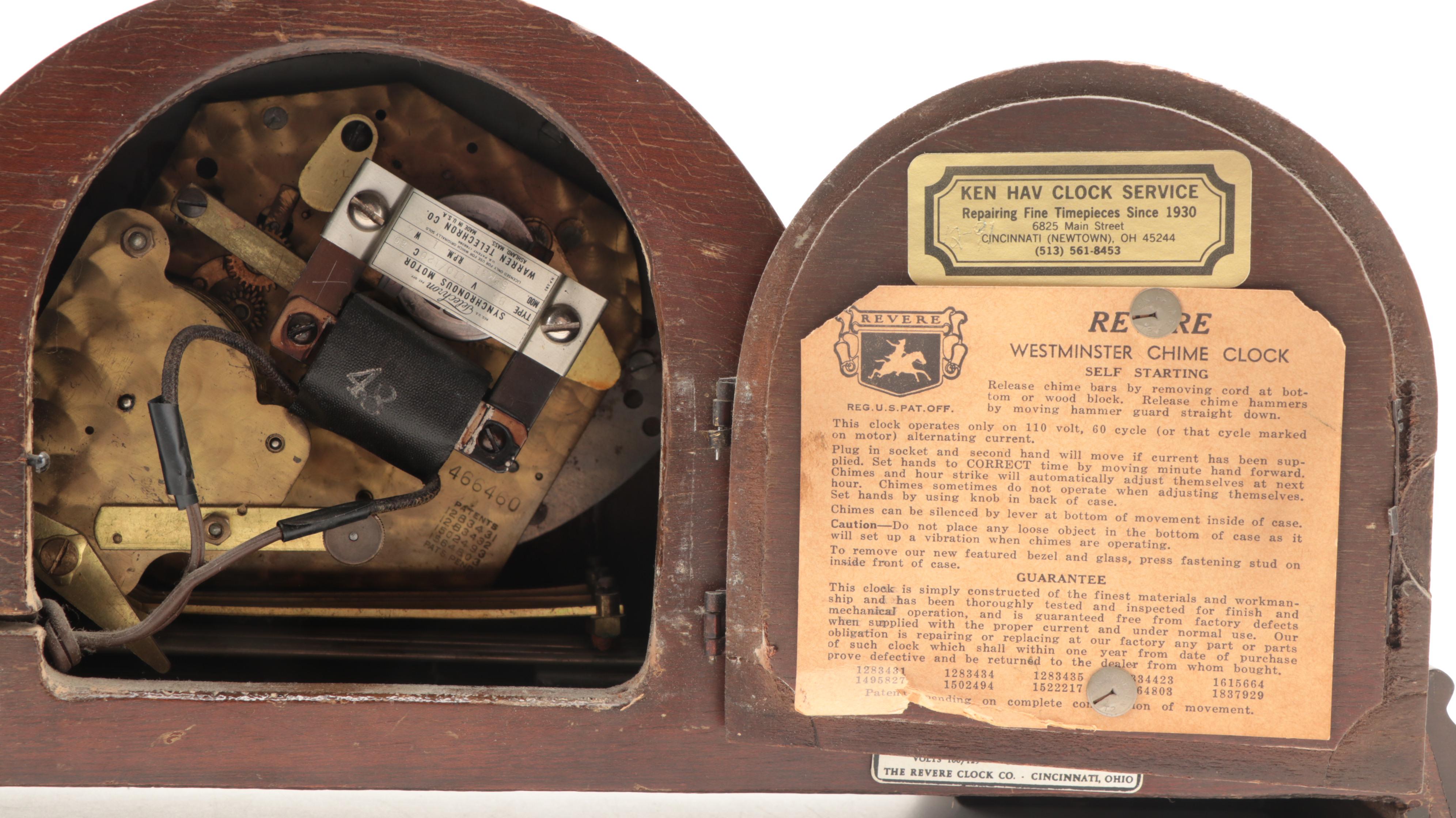Revere Telechron  Mahogany and Burl Wood Tambour Mantel Clock