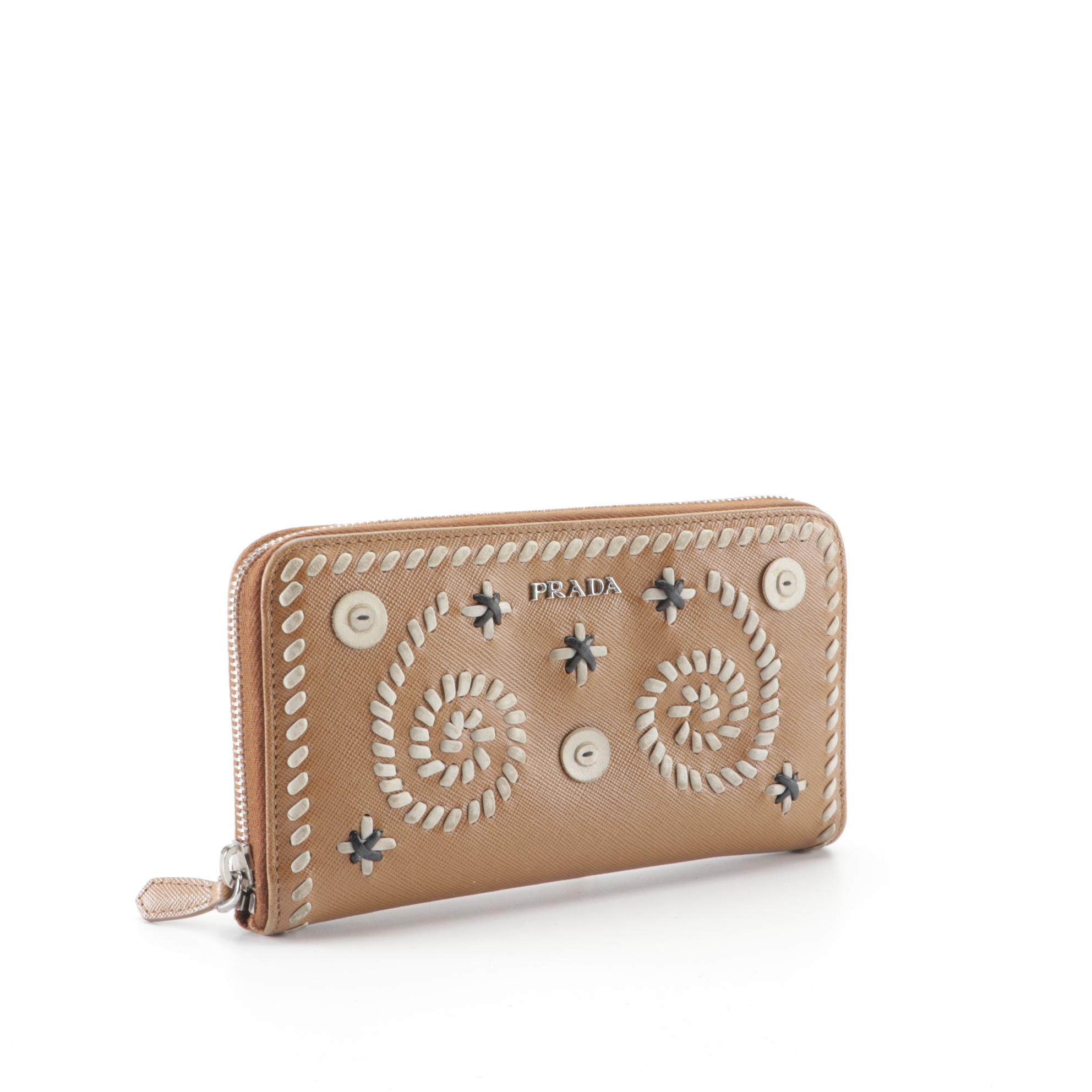 Prada Zip-Around Wallet in Saffiano Leather Embellished with Stitching Details