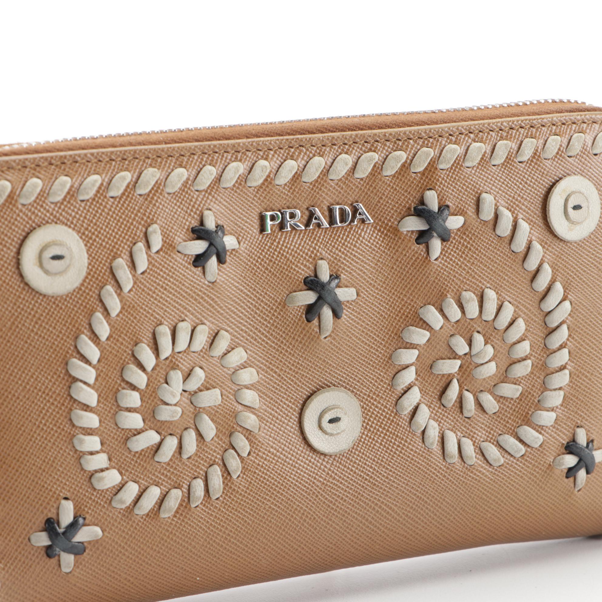 Prada Zip-Around Wallet in Saffiano Leather Embellished with Stitching Details