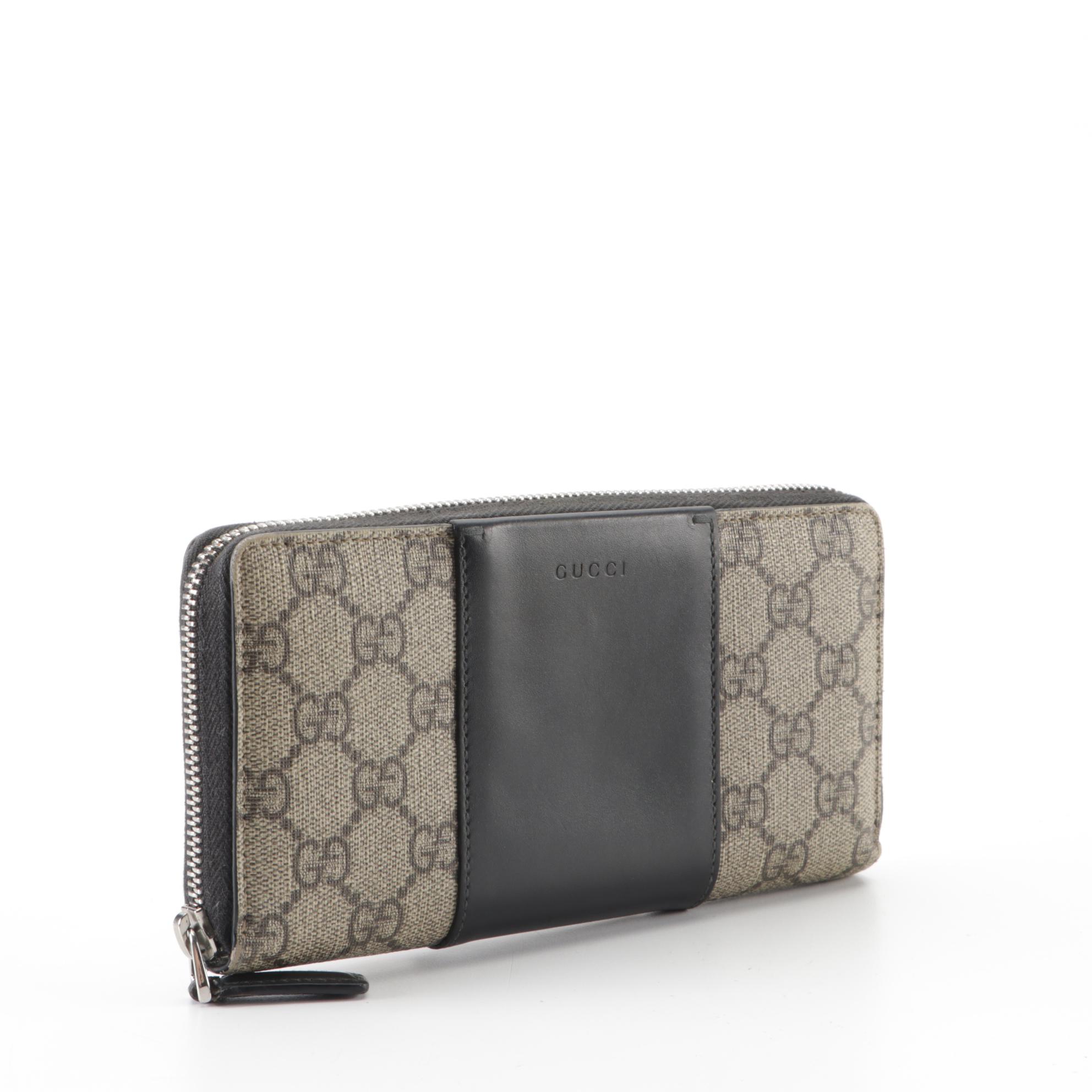 Gucci Zip-Around Wallet in GG Supreme Canvas and Black Leather with Box
