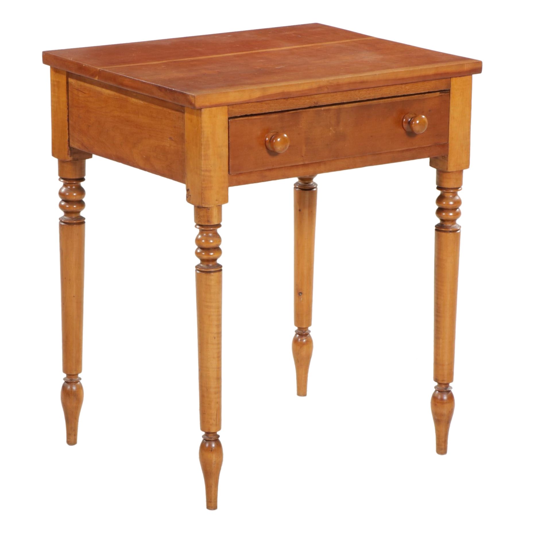 American Primitive Cherry and Maple One-Drawer Work Table, Mid-19th Century