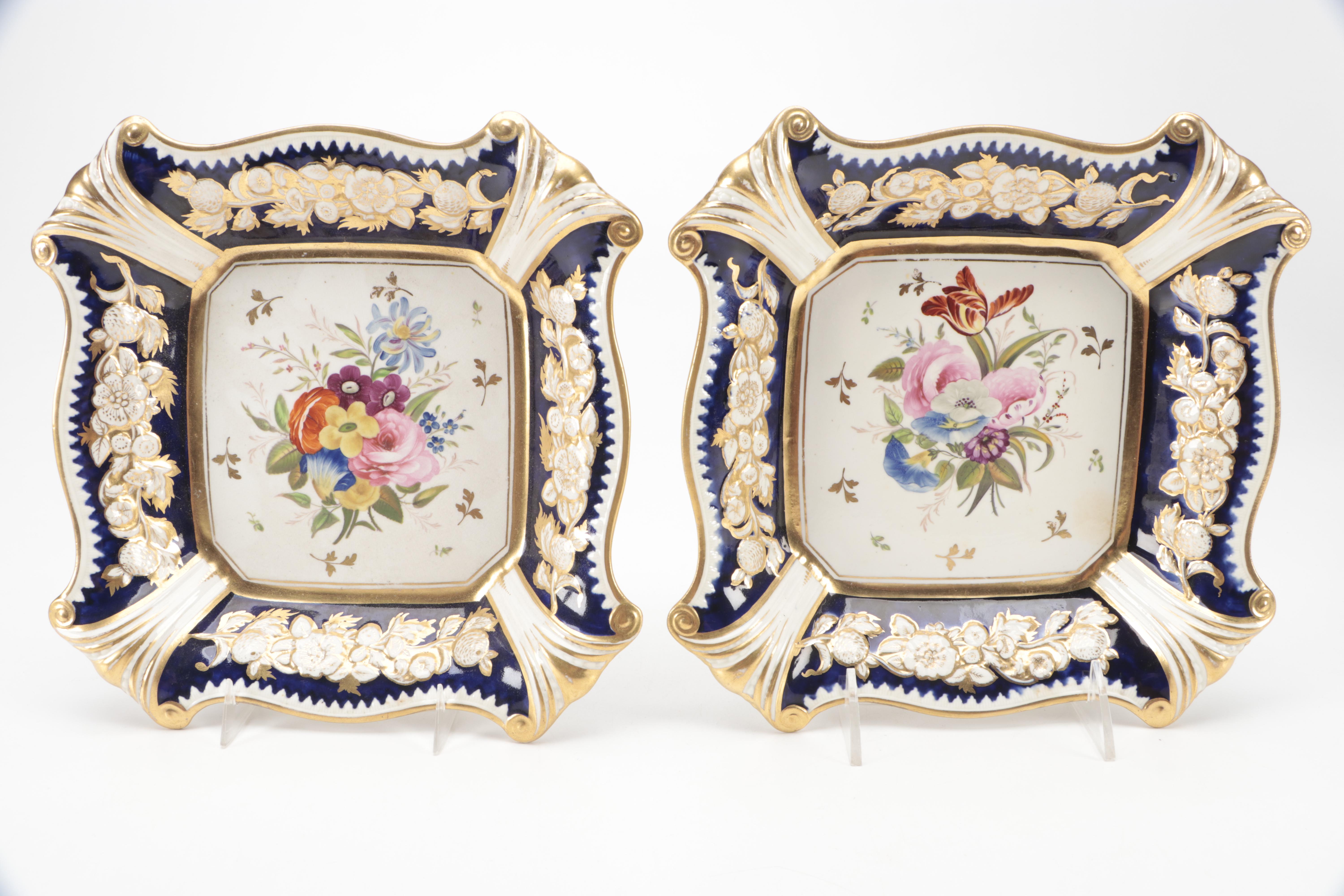 Hand-Painted Spode Style Floral Motif Ceramic Square Decorative Plates