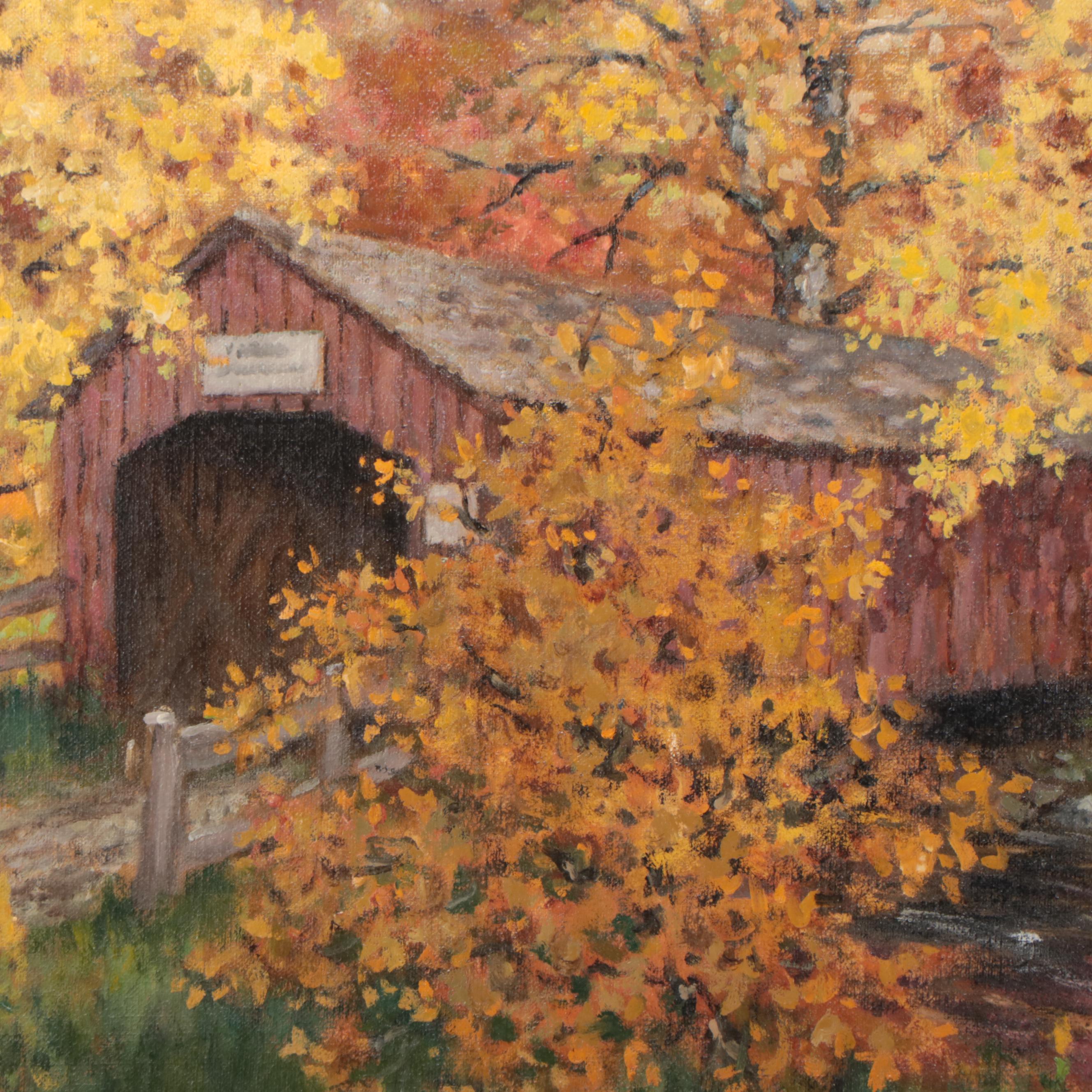 James Calvert Smith Autumn Landscape Oil Painting of Covered Bridge