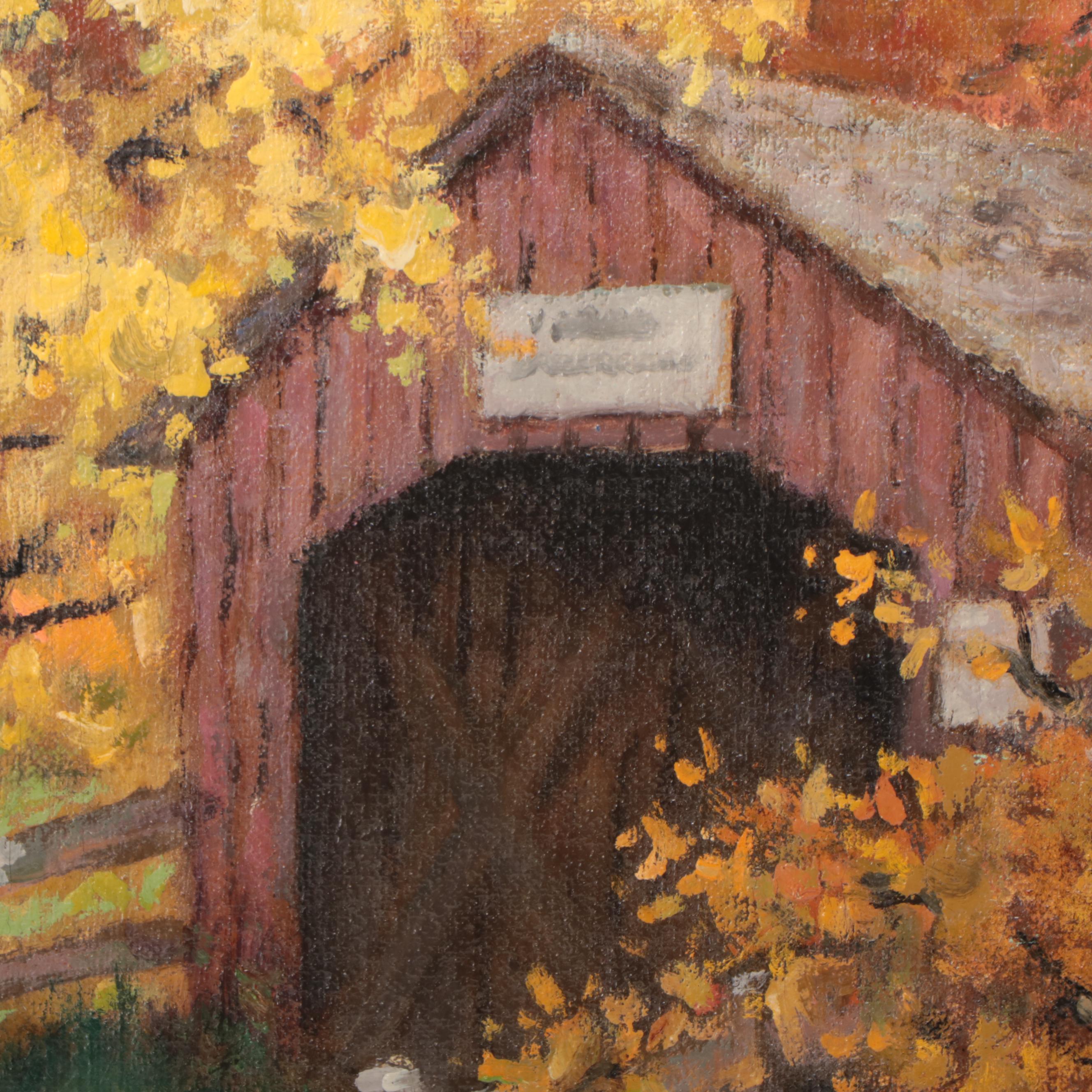 James Calvert Smith Autumn Landscape Oil Painting of Covered Bridge