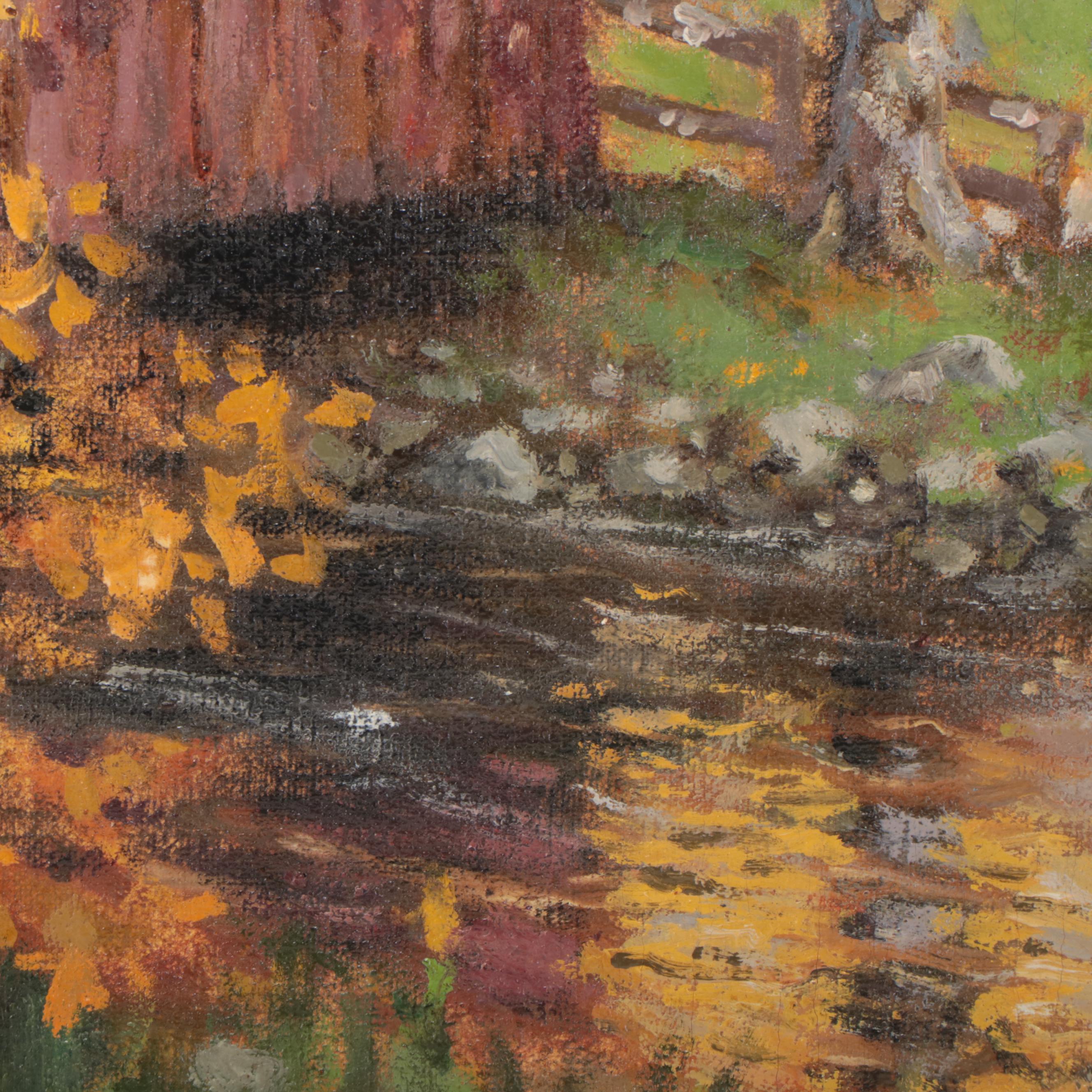 James Calvert Smith Autumn Landscape Oil Painting of Covered Bridge