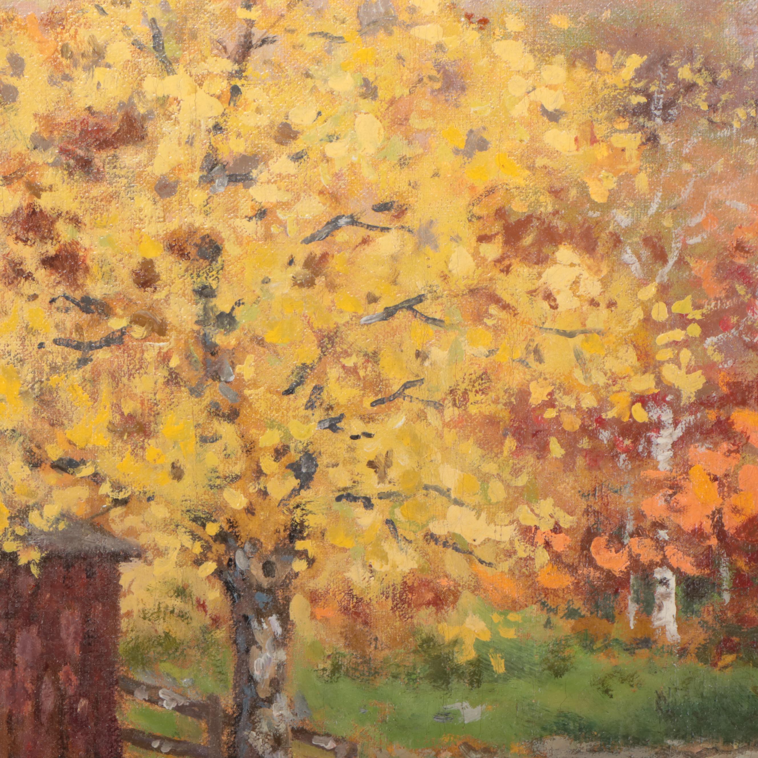 James Calvert Smith Autumn Landscape Oil Painting of Covered Bridge