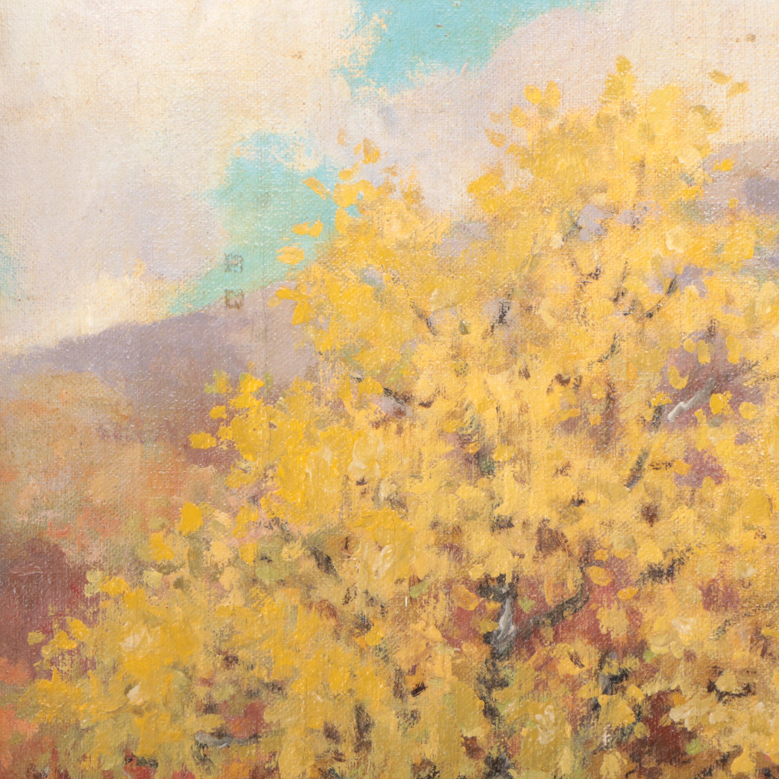 James Calvert Smith Autumn Landscape Oil Painting of Covered Bridge