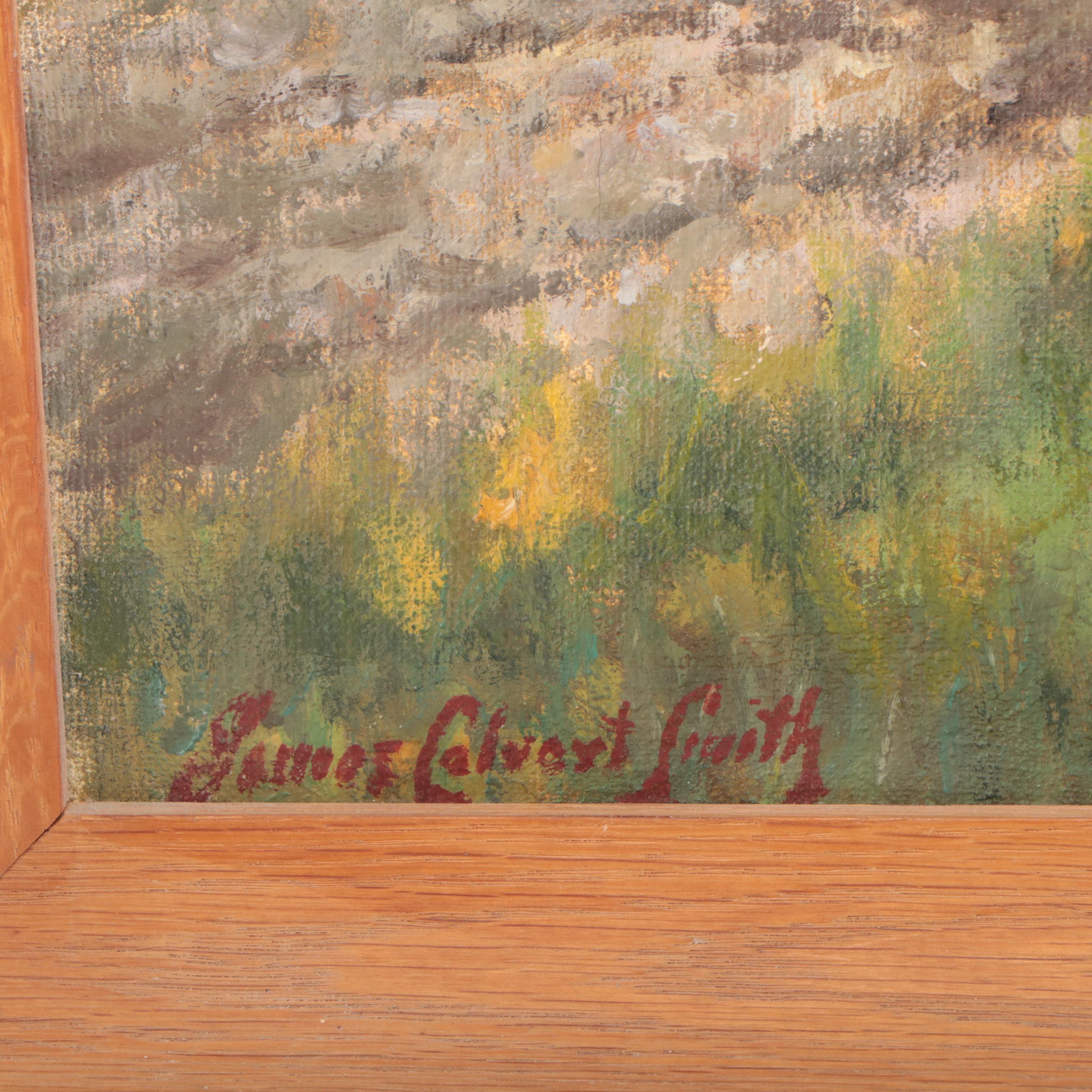 James Calvert Smith Autumn Landscape Oil Painting of Covered Bridge